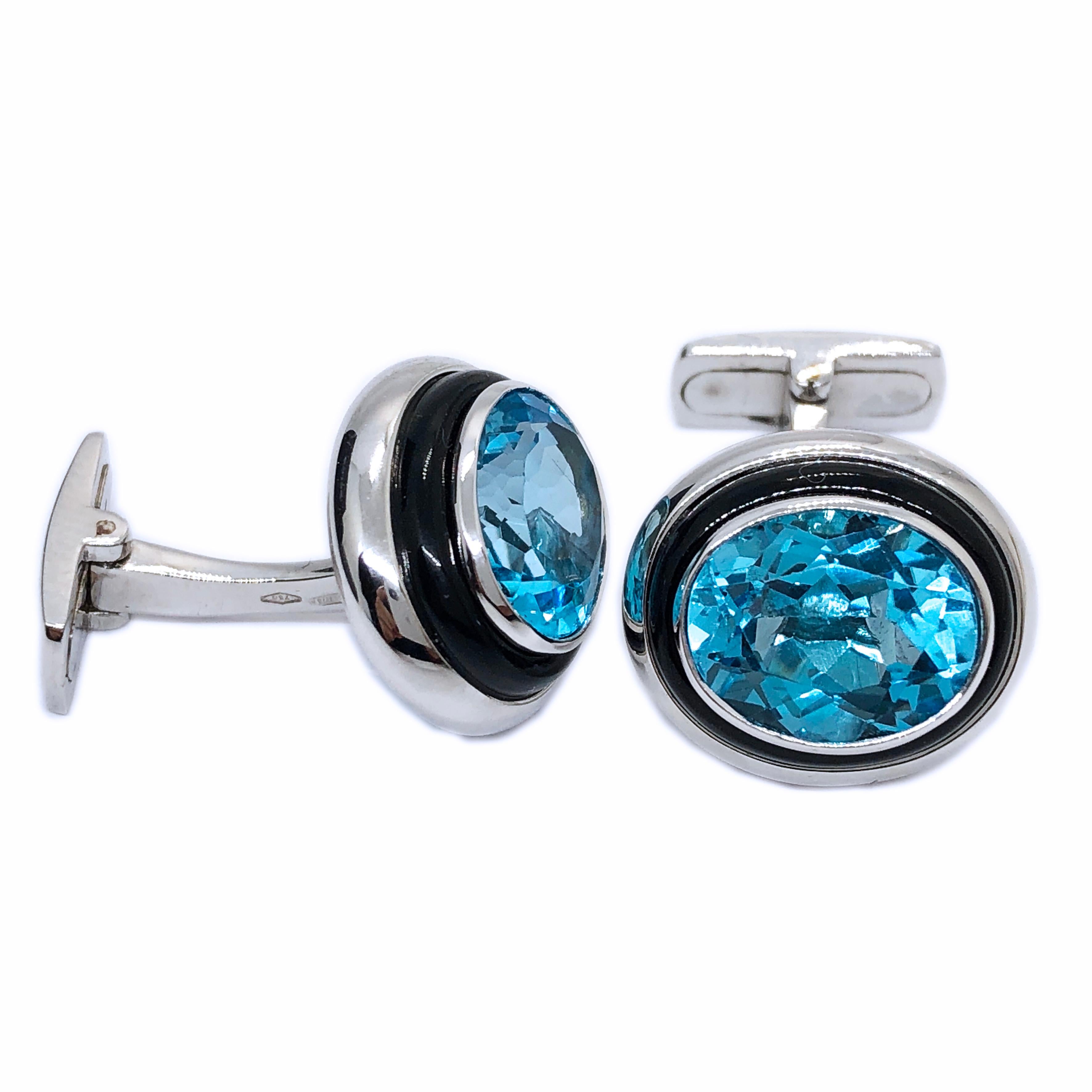 Berca One-of-a-Kind 8.97Kt Oval Blue Topaz Hand Inlaid Onyx White Gold Cufflinks For Sale 4