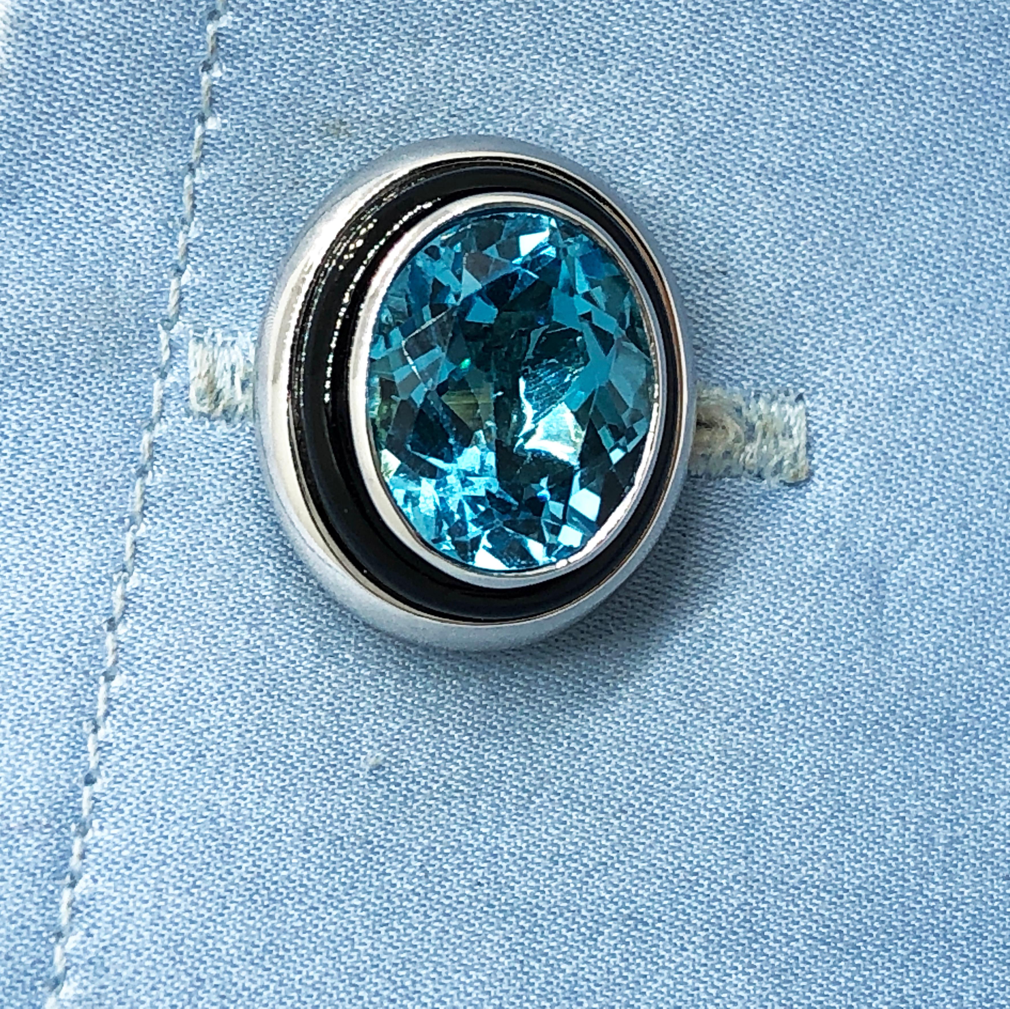 Contemporary Berca One-of-a-Kind 8.97Kt Oval Blue Topaz Hand Inlaid Onyx White Gold Cufflinks For Sale