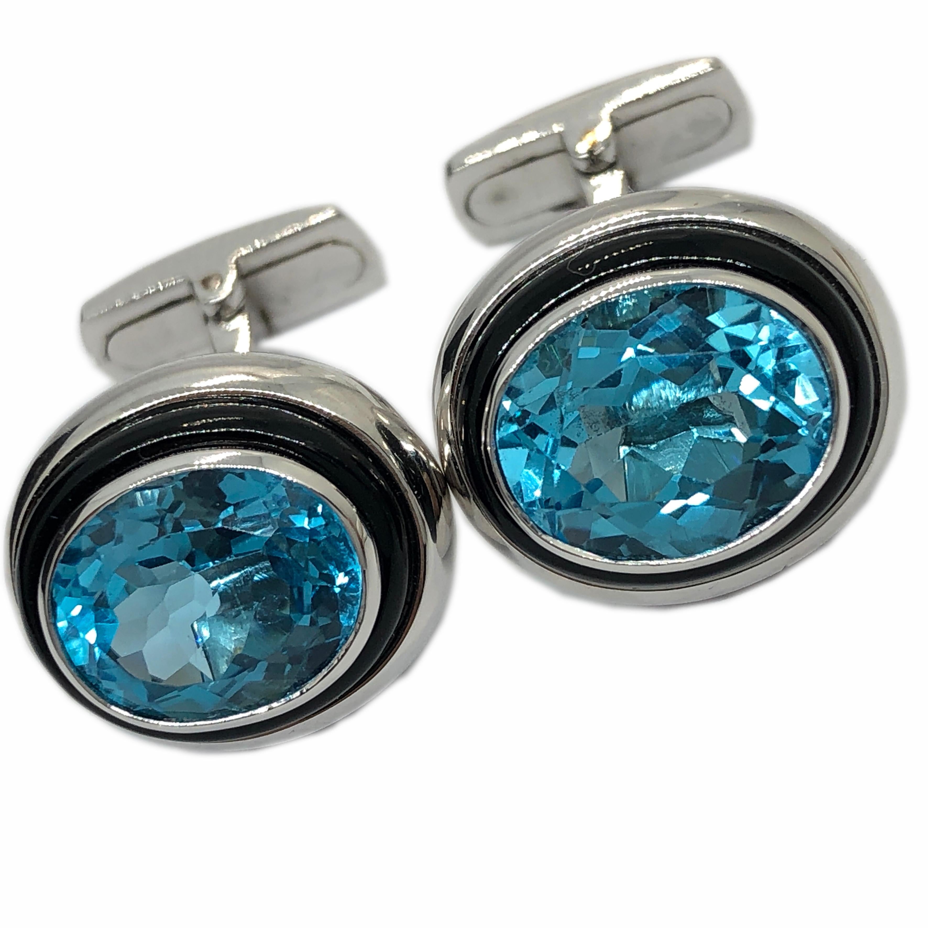 Oval Cut Berca One-of-a-Kind 8.97Kt Oval Blue Topaz Hand Inlaid Onyx White Gold Cufflinks For Sale