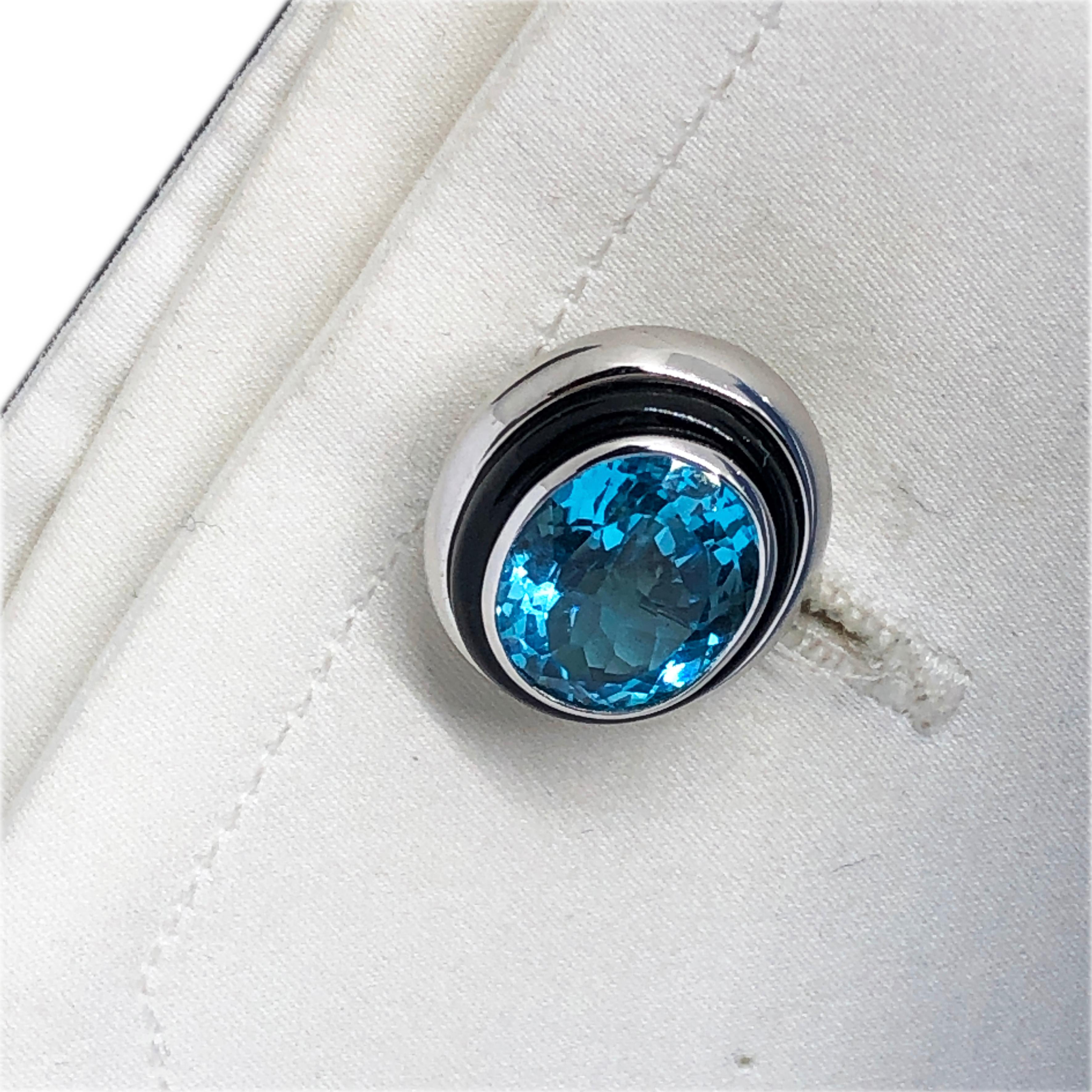 Men's Berca One-of-a-Kind 8.97Kt Oval Blue Topaz Hand Inlaid Onyx White Gold Cufflinks For Sale
