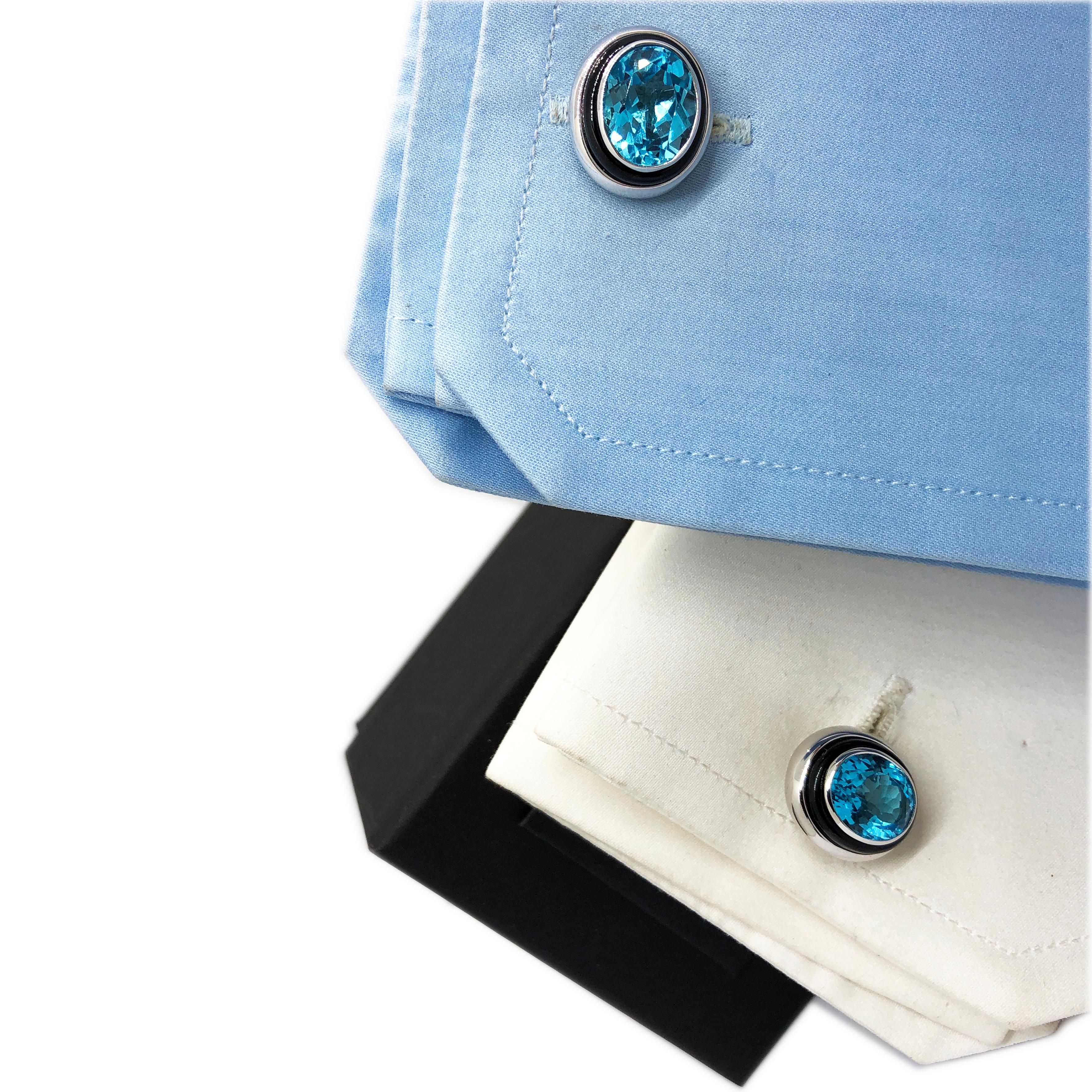 Berca One-of-a-Kind 8.97Kt Oval Blue Topaz Hand Inlaid Onyx White Gold Cufflinks For Sale 1
