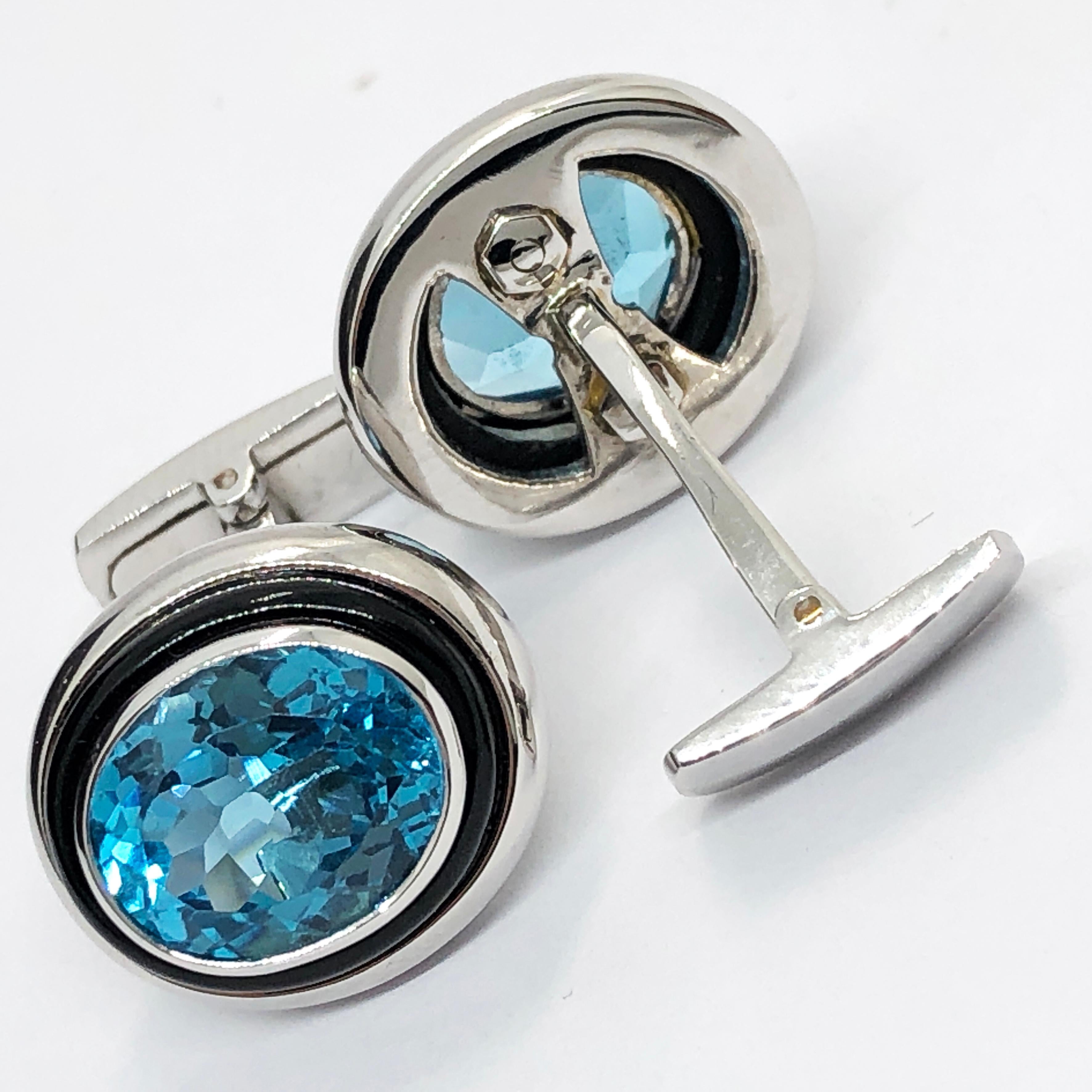 Berca One-of-a-Kind 8.97Kt Oval Blue Topaz Hand Inlaid Onyx White Gold Cufflinks For Sale 2