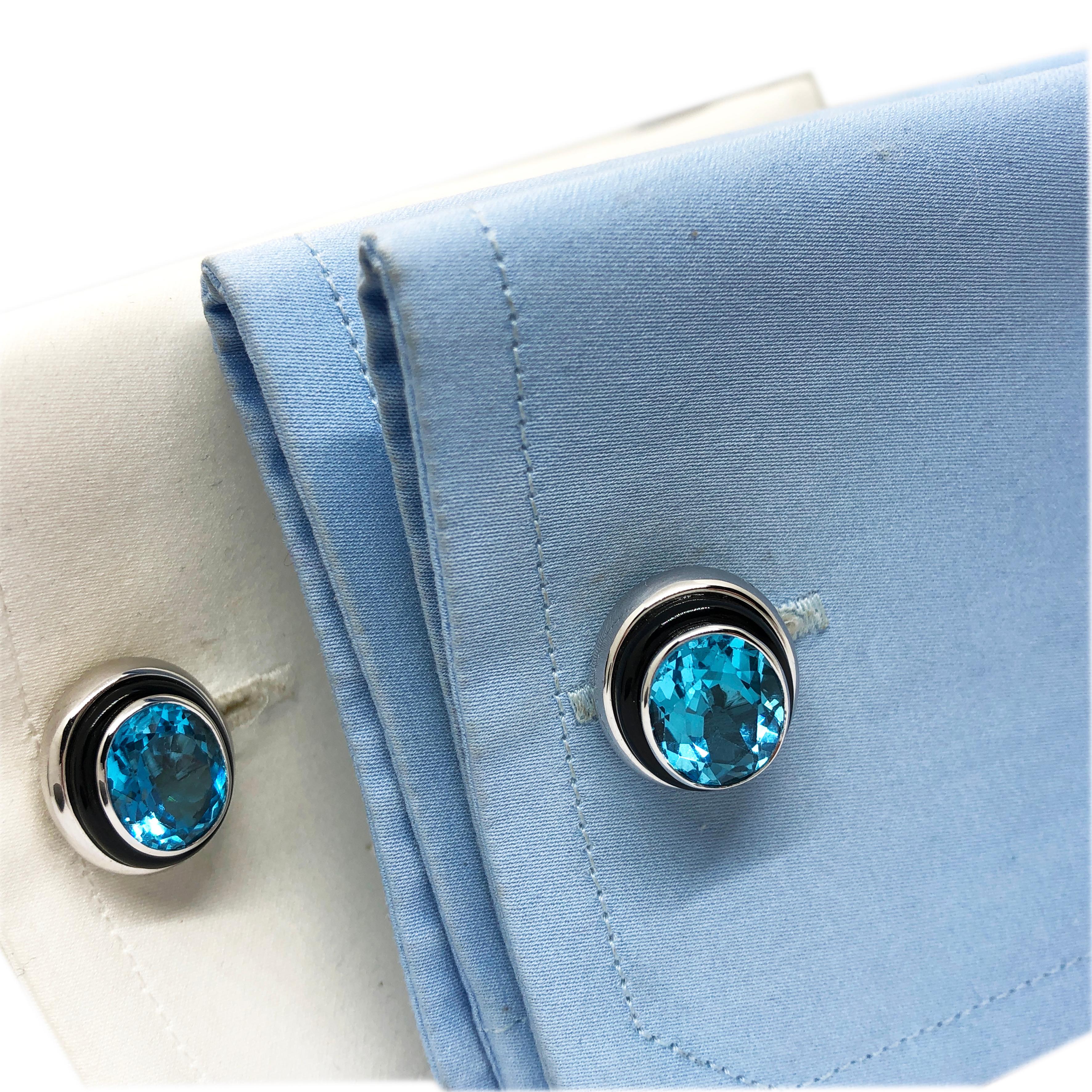 Berca One-of-a-Kind 8.97Kt Oval Blue Topaz Hand Inlaid Onyx White Gold Cufflinks For Sale 3