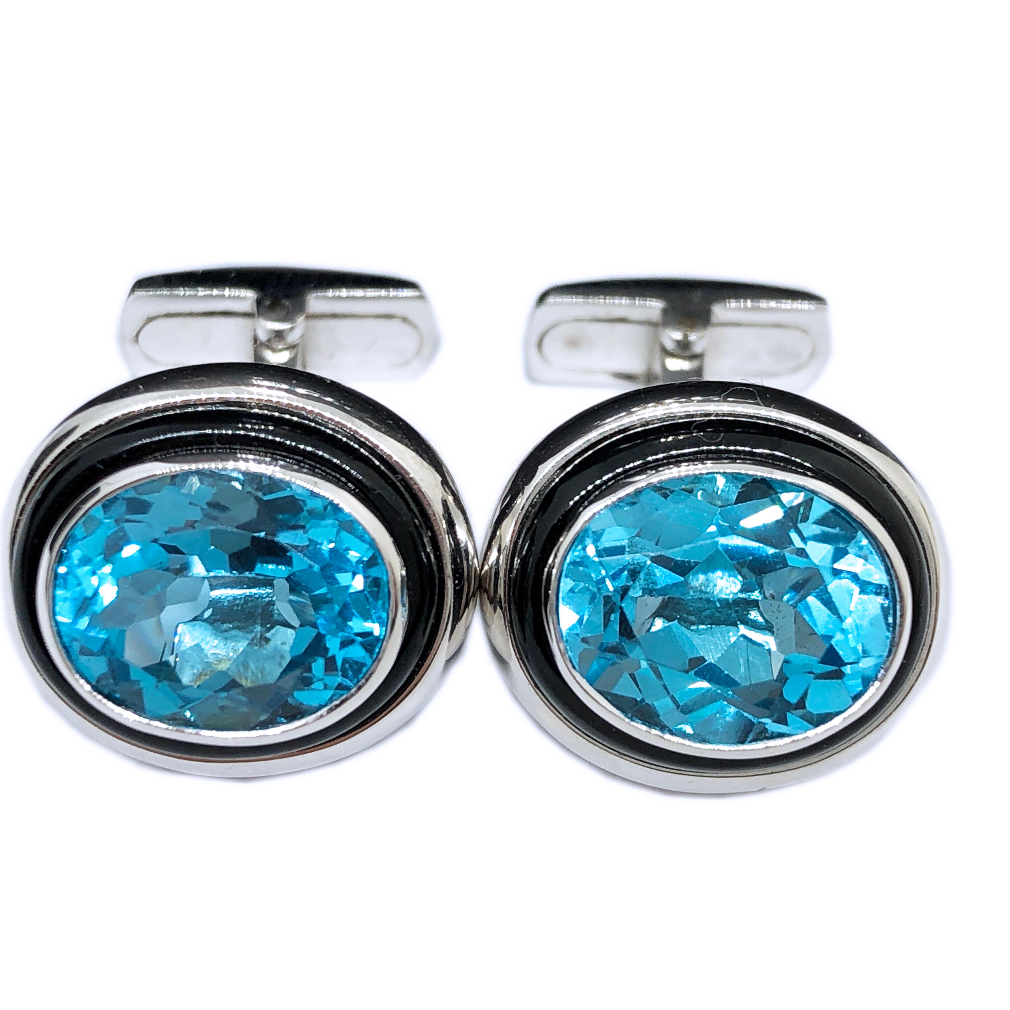 Berca One-of-a-Kind 8.97Kt Oval Blue Topaz Hand Inlaid Onyx White Gold Cufflinks For Sale