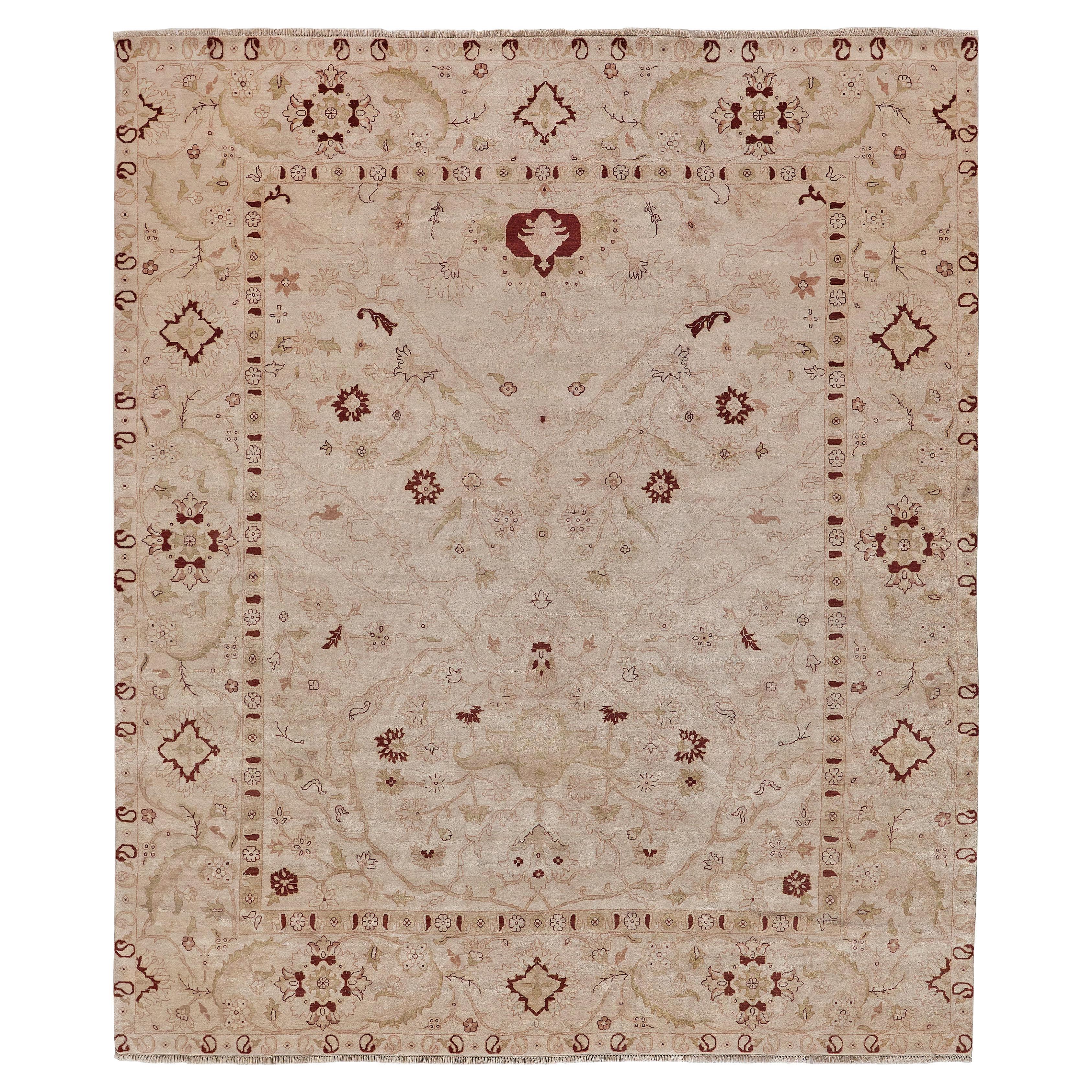 ONE-OF-A-KIND Agra Hand Knotted Light Beige Rug - 12'2"x14'6" For Sale