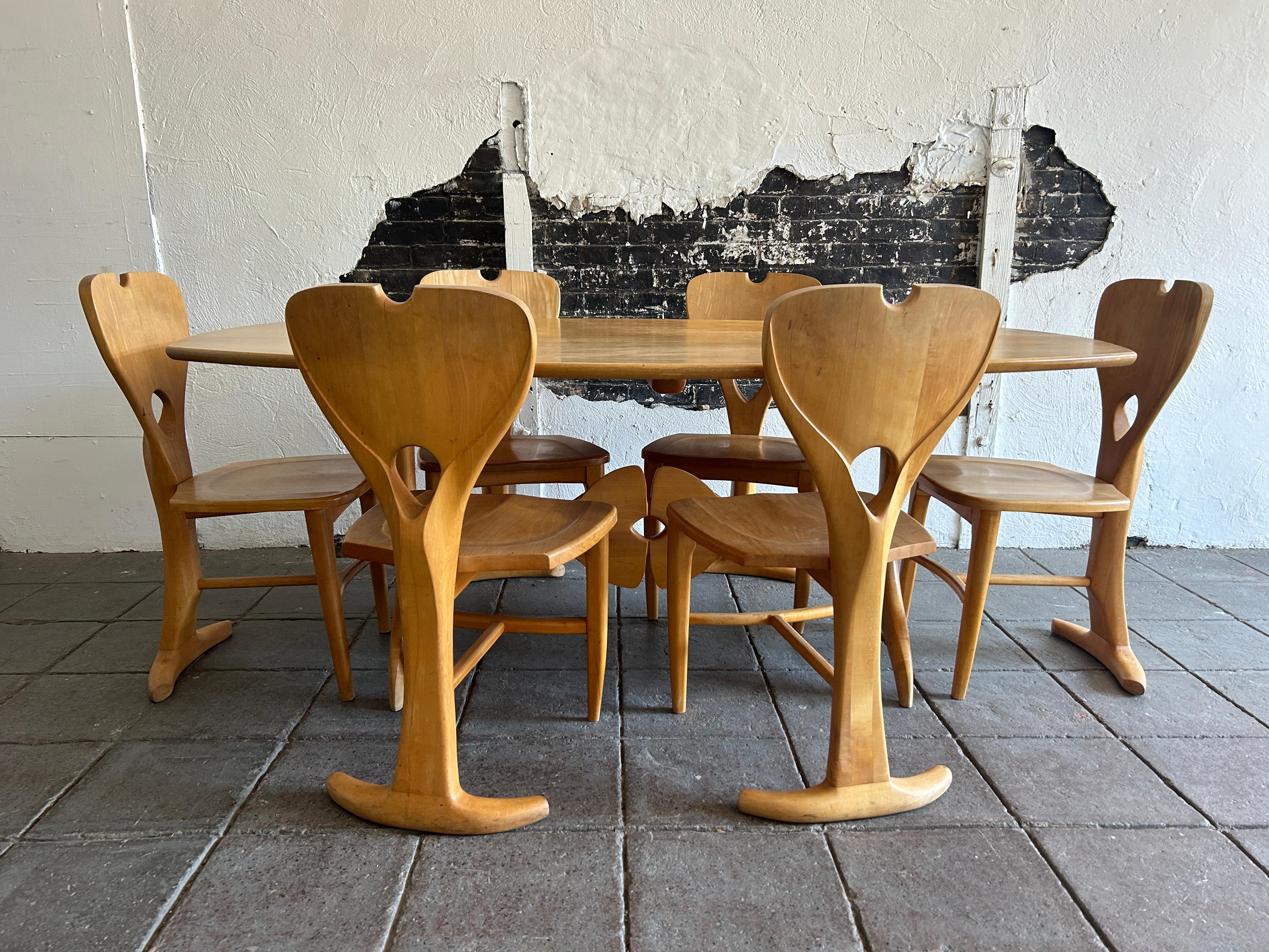 Late 20th Century One of a kind American Studio craft birch blonde dining table with 6 chairs For Sale