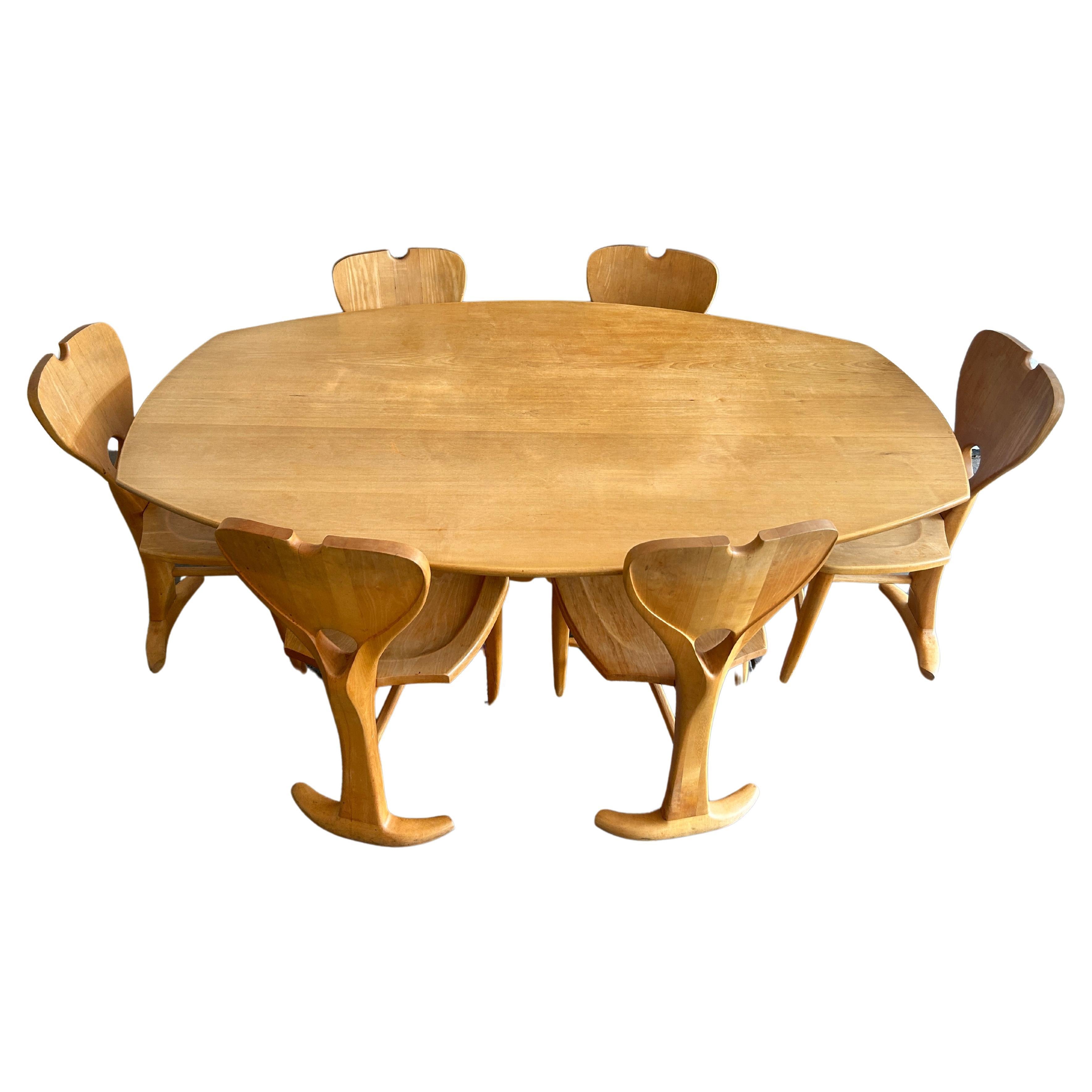 One of a kind American Studio craft birch blonde dining table with 6 chairs For Sale
