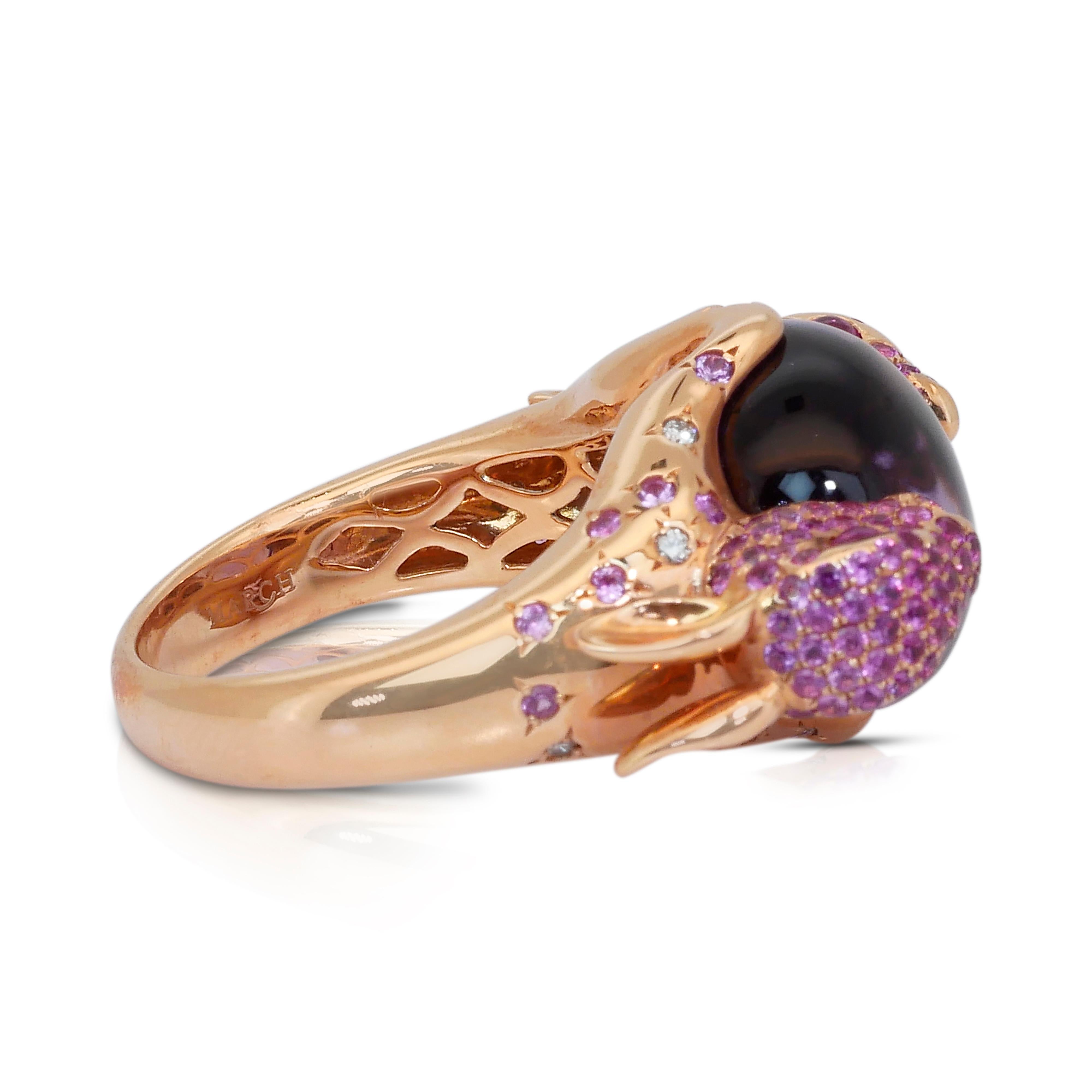 One of a Kind Amethyst, Sapphires, and Diamonds Cocktail Ring in 18k Yellow Gold - IGI Certified

Bursting with color and sophistication, this 18k yellow gold ring centers on a captivating 5.50ct oval-cut amethyst in a royal violet hue. Surrounding