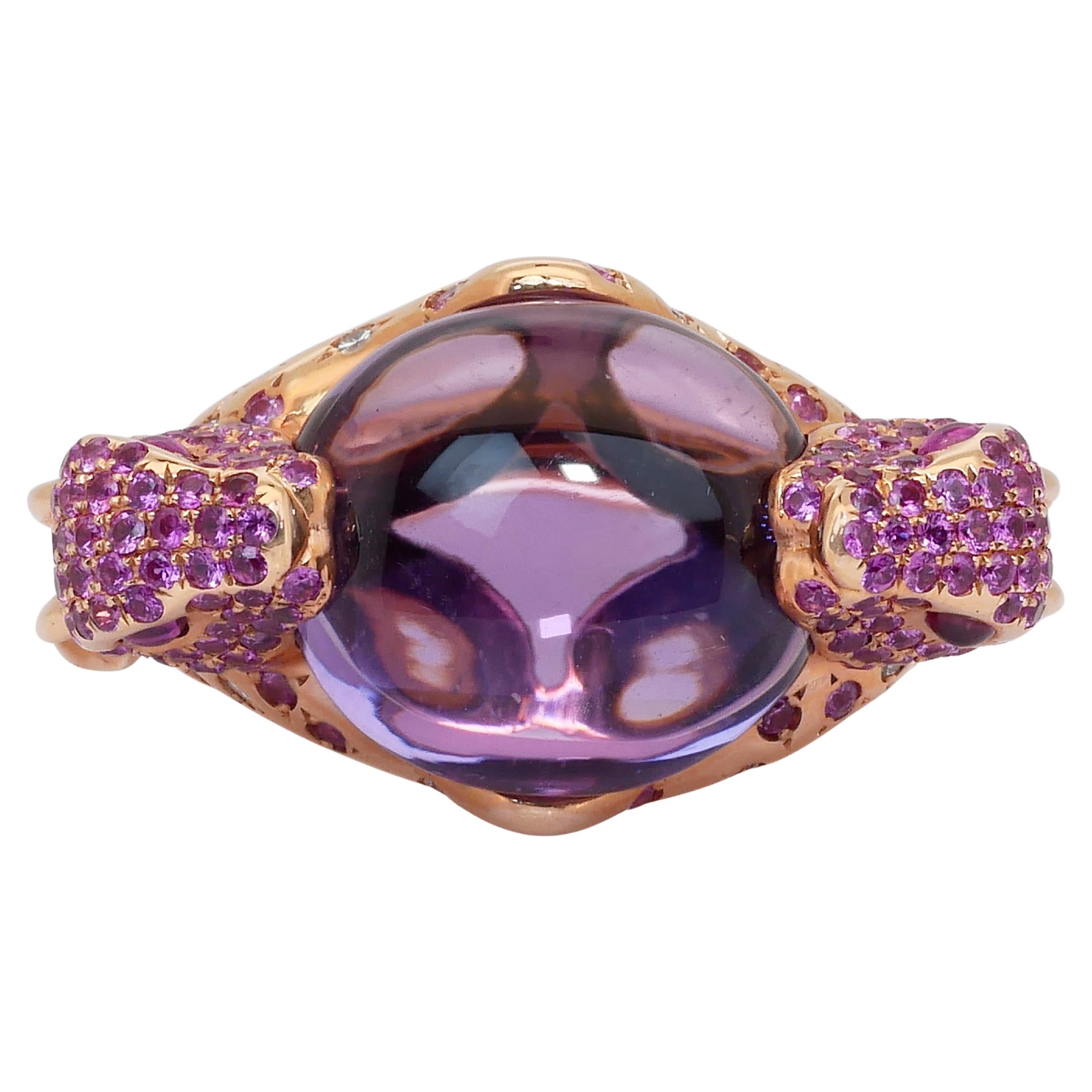 One of a Kind Amethyst, Sapphires, and Diamonds Cocktail Ring in 18k Yellow Gold