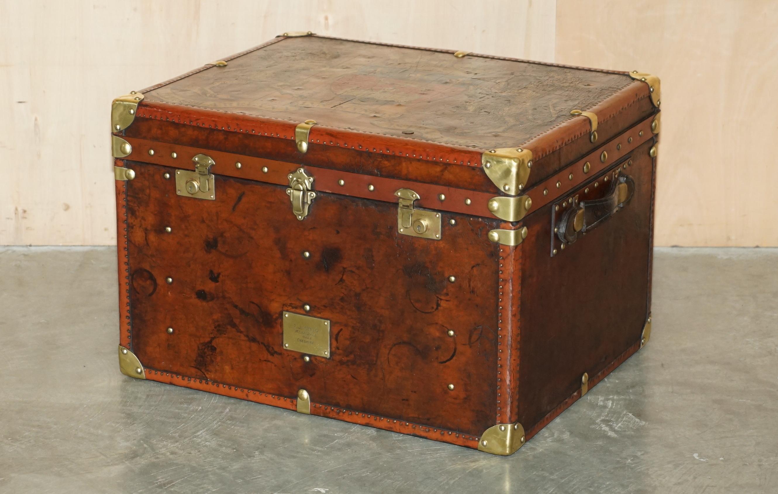 Royal House Antiques

Royal House Antiques is delighted to offer for sale this absolutely exquisite, fully restored, circa 1890-1900 hand dyed brown leather steamer trunk with one of a kind, hand painted Armorial crest coat of arms to the