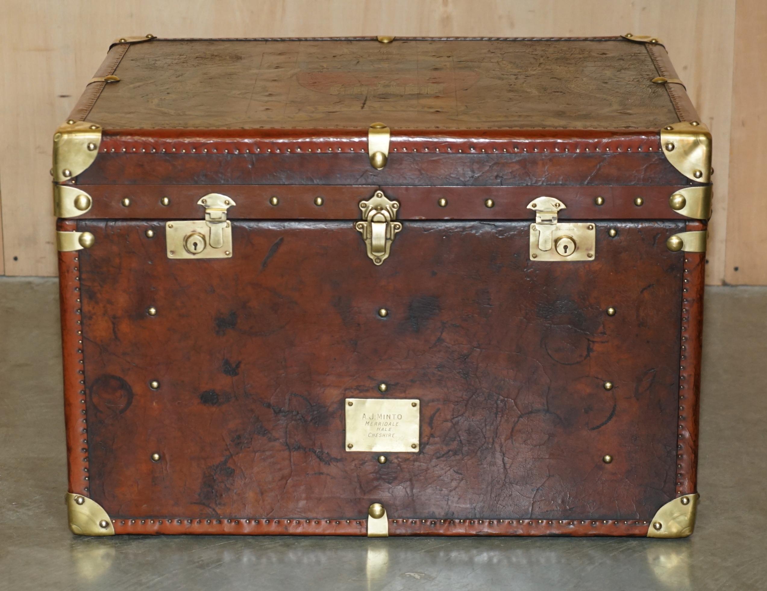 Late Victorian ONE OF A KiND ANTIQUE BROWN LEATHER STEAMER TRUNK WITH ARMORIAL COAT OF ARMS For Sale