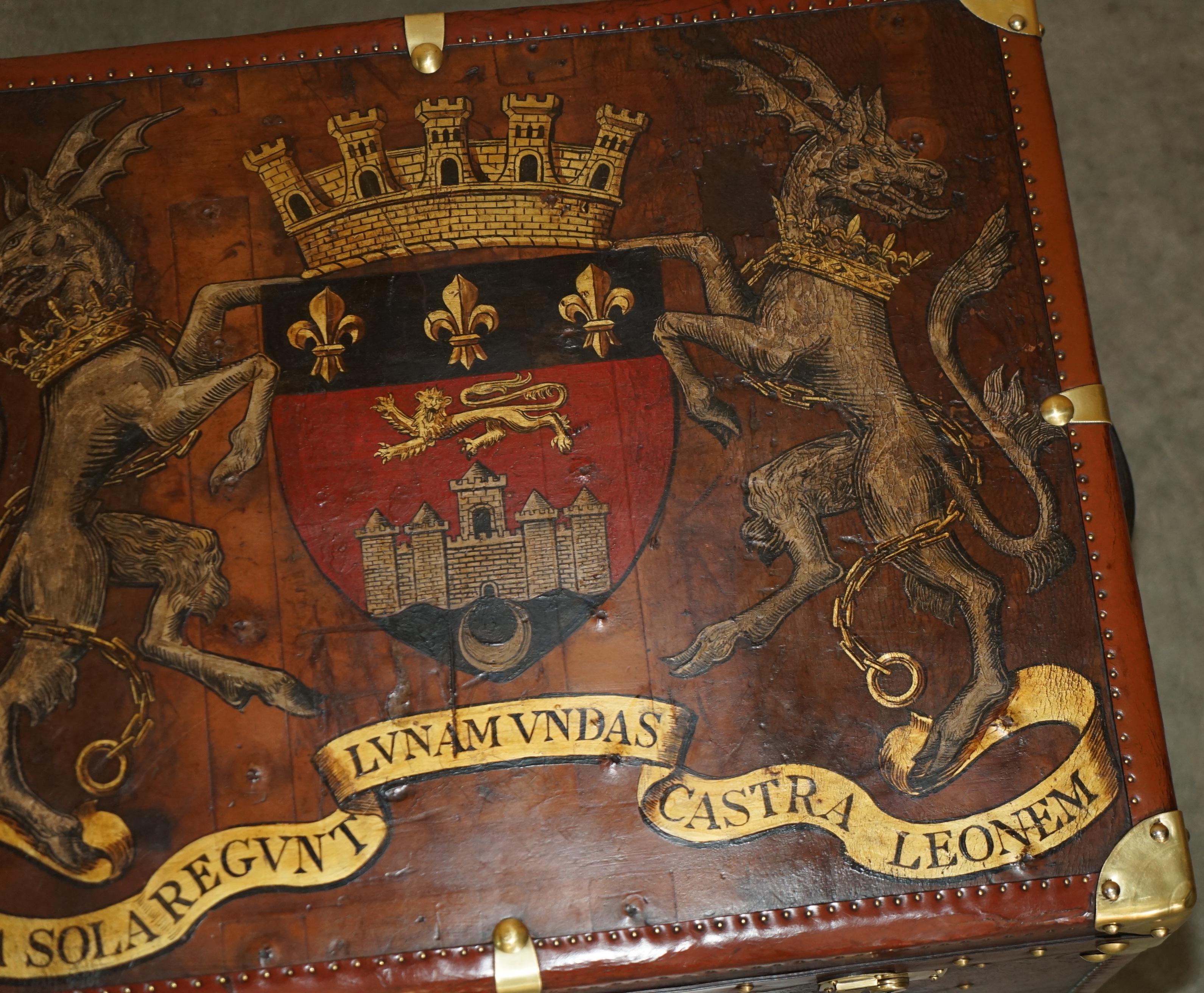 Brass ONE OF A KiND ANTIQUE BROWN LEATHER STEAMER TRUNK WITH ARMORIAL COAT OF ARMS For Sale