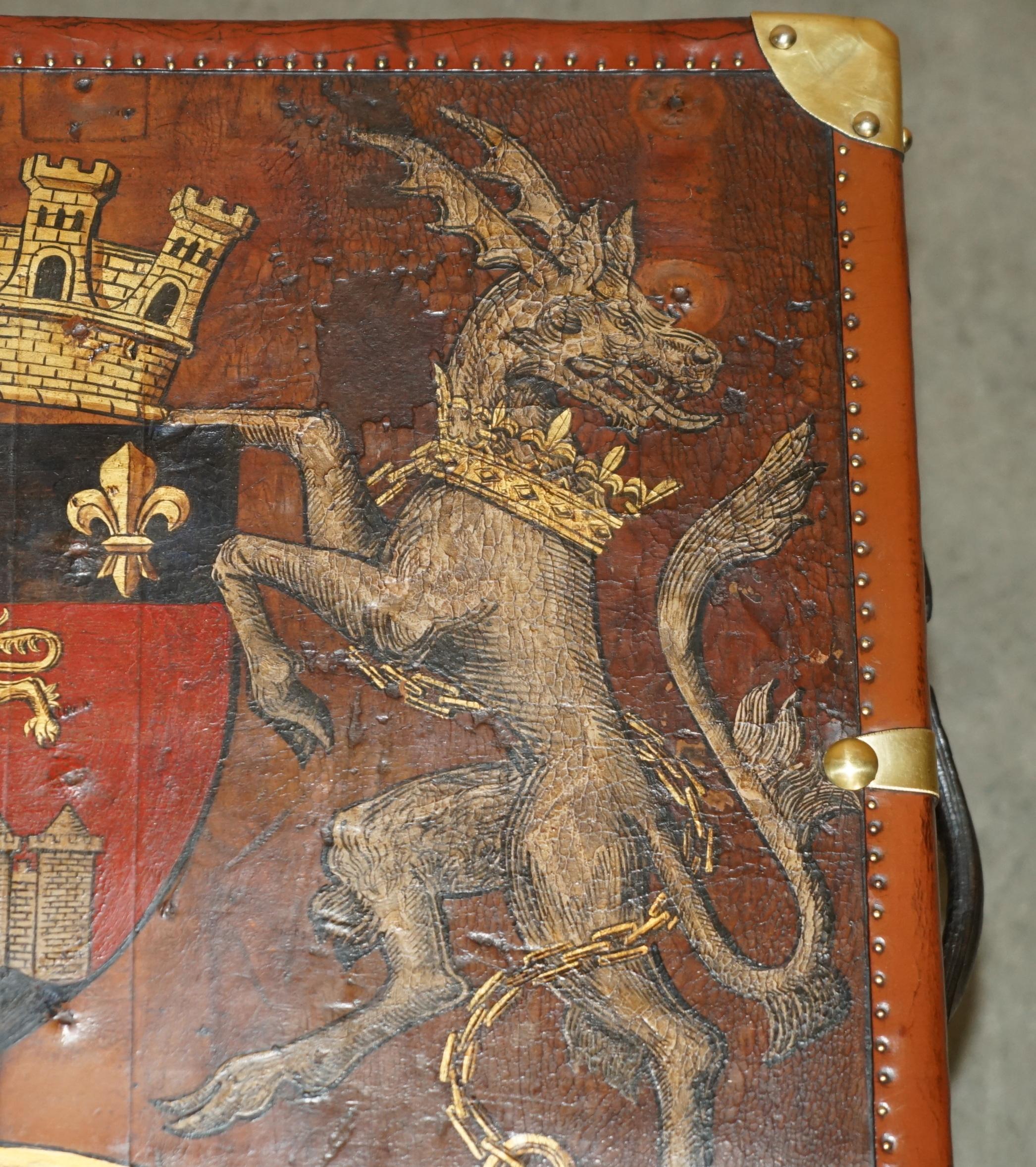 Brass ONE OF A KiND ANTIQUE BROWN LEATHER STEAMER TRUNK WITH ARMORIAL COAT OF ARMS For Sale