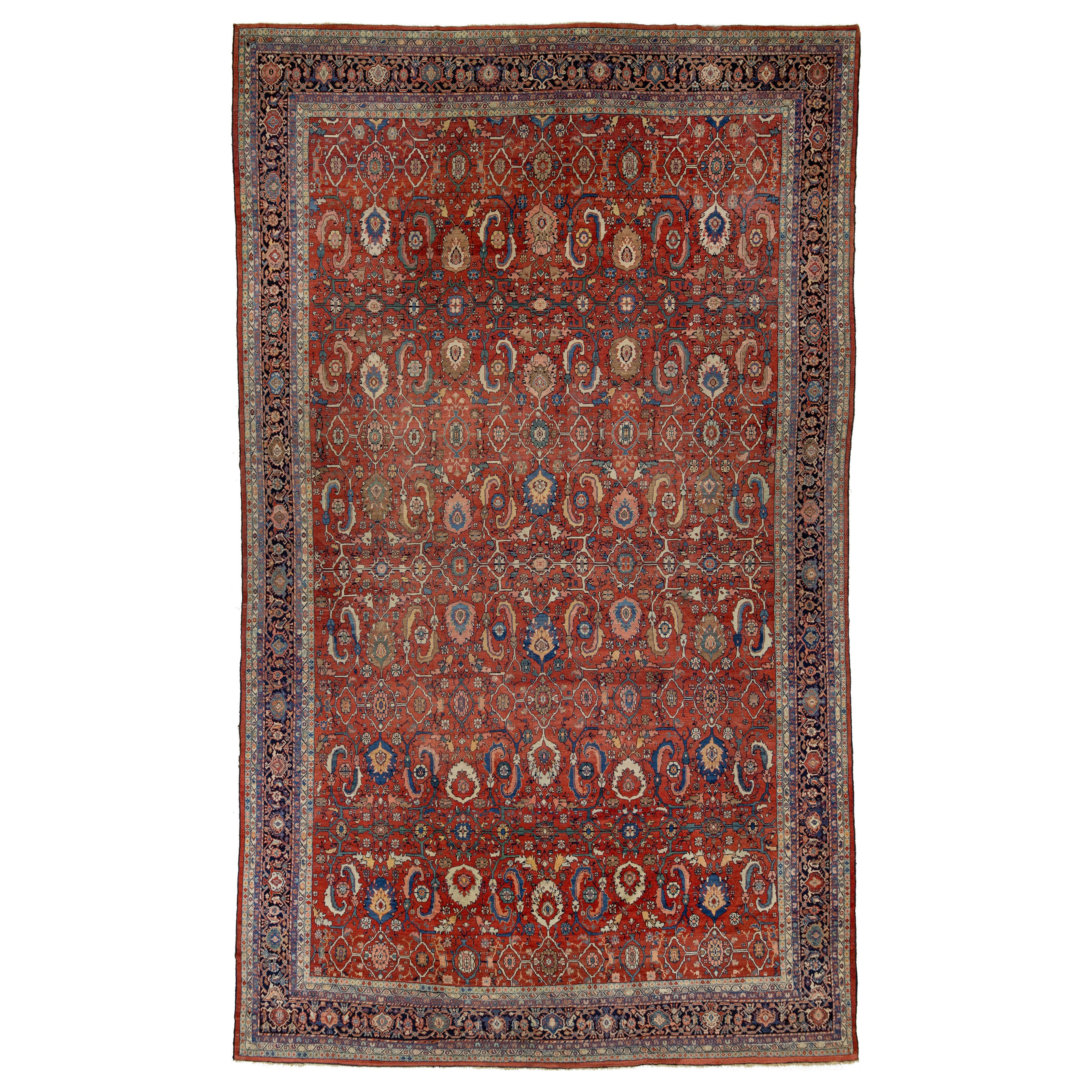 Alfombra persa antigua Sultanabad Rugs de lana roja con diseño integral única en su género