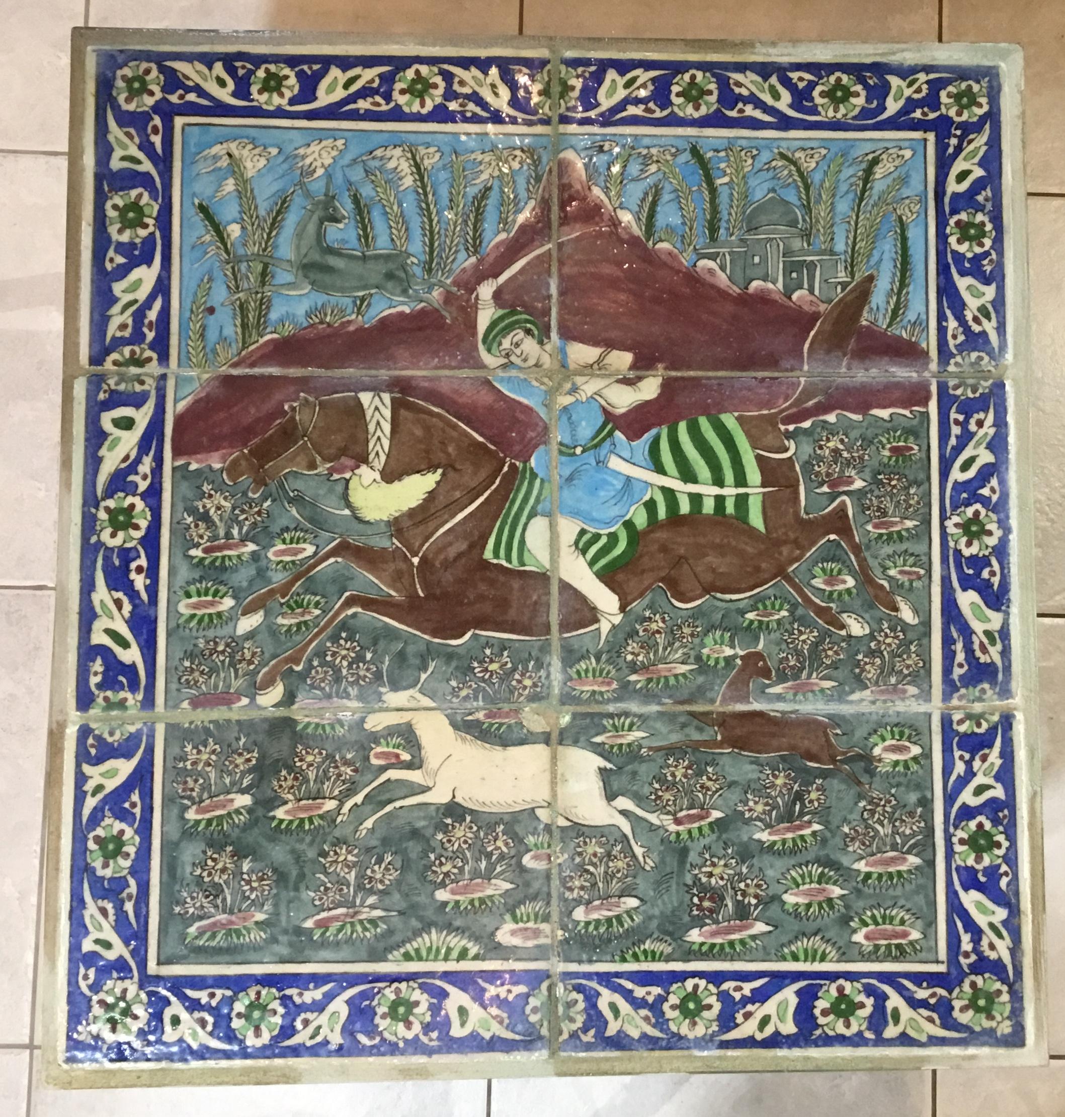Exceptional coffee table made of set of six antique hand-painted and glazed Persian tiles professionally imbedded in a custom-made brass table base, beautiful scenery of a warrior riding on hours along side
Deers, one of a king object of art for