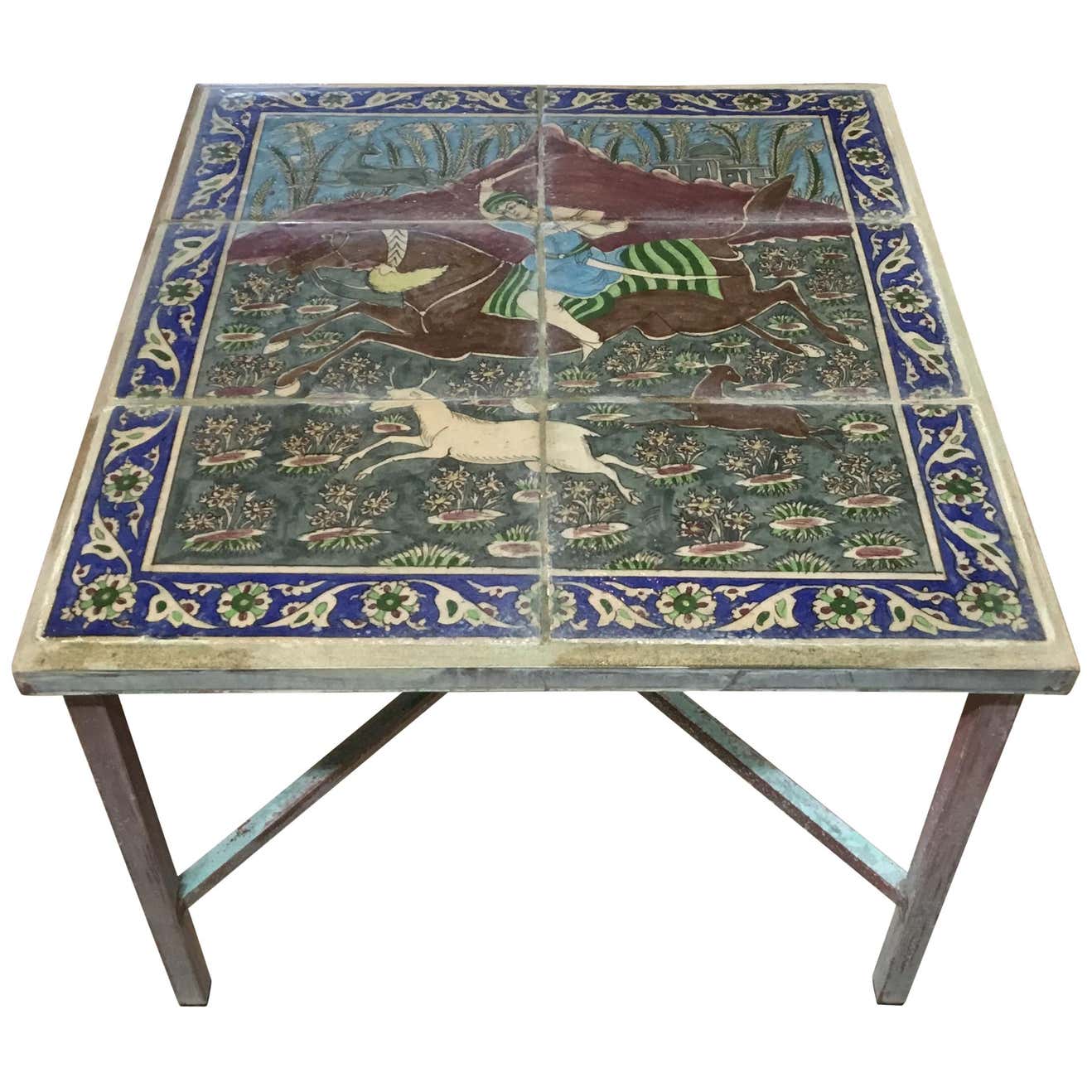 One of a Kind Antique Persian Tile Top Coffee Table at 1stDibs