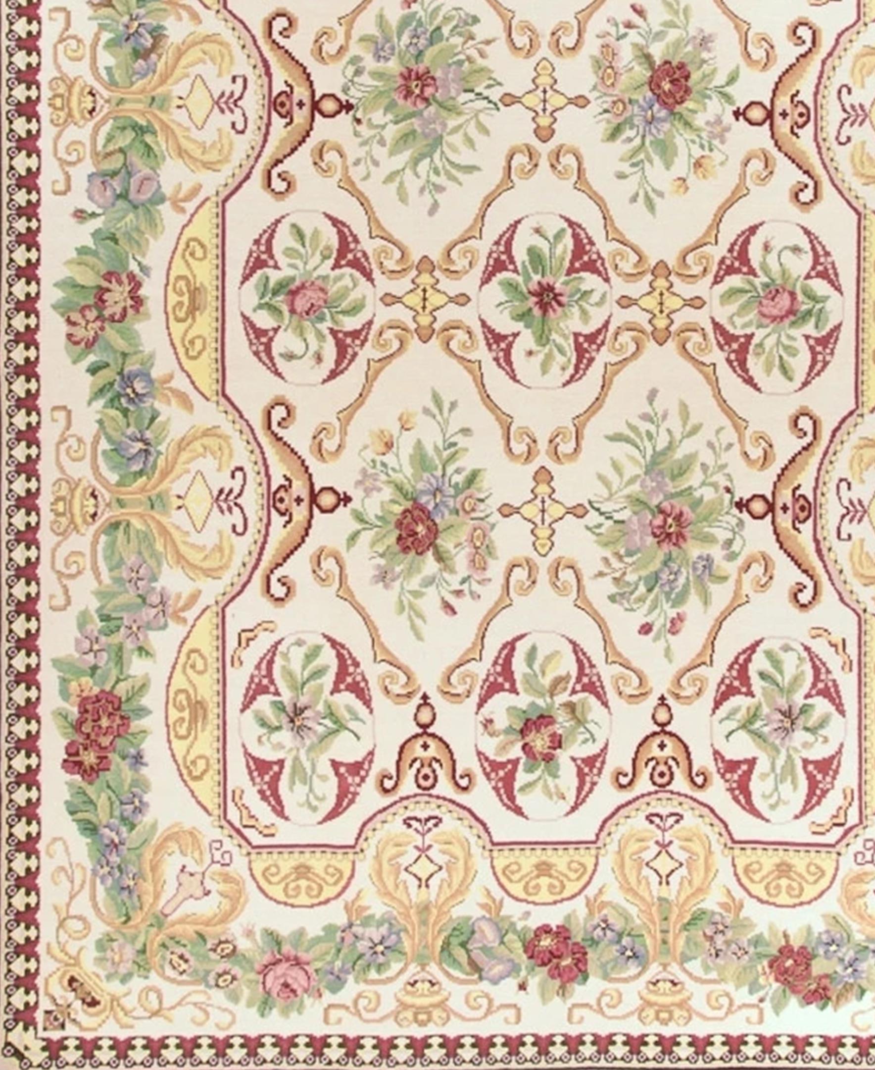 Based on an original painting by Elizabeth Moisan inspired by a Park Avenue interior designed by McMillen Inc. Mint, emerald, yellow, blue, aqua, lilac, orange and brick tones combine on an ivory ground in this charming Bessarabian pattern. Made