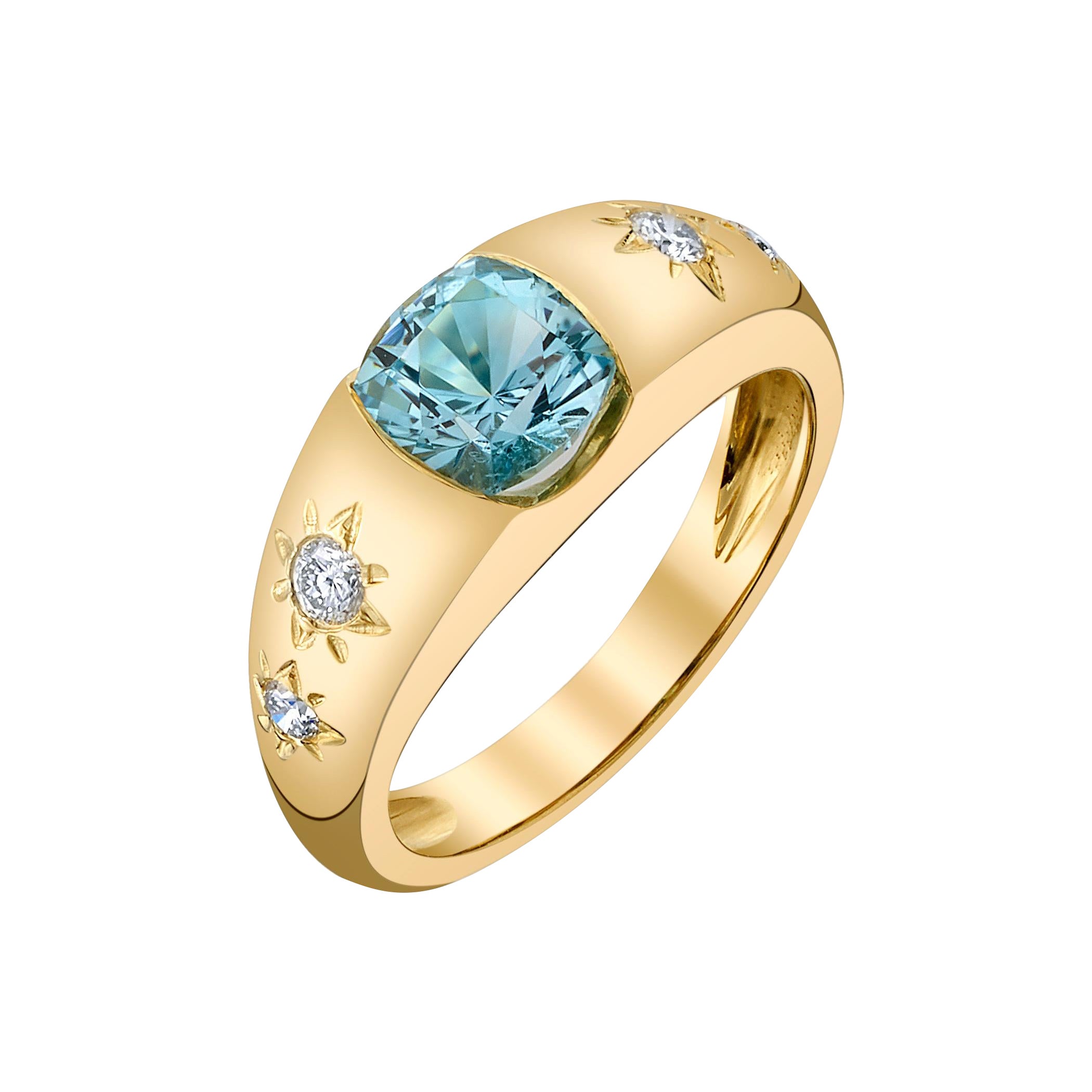 Anillo Único de Aguamarina y Diamante de Oro Amarillo de 18 K en venta