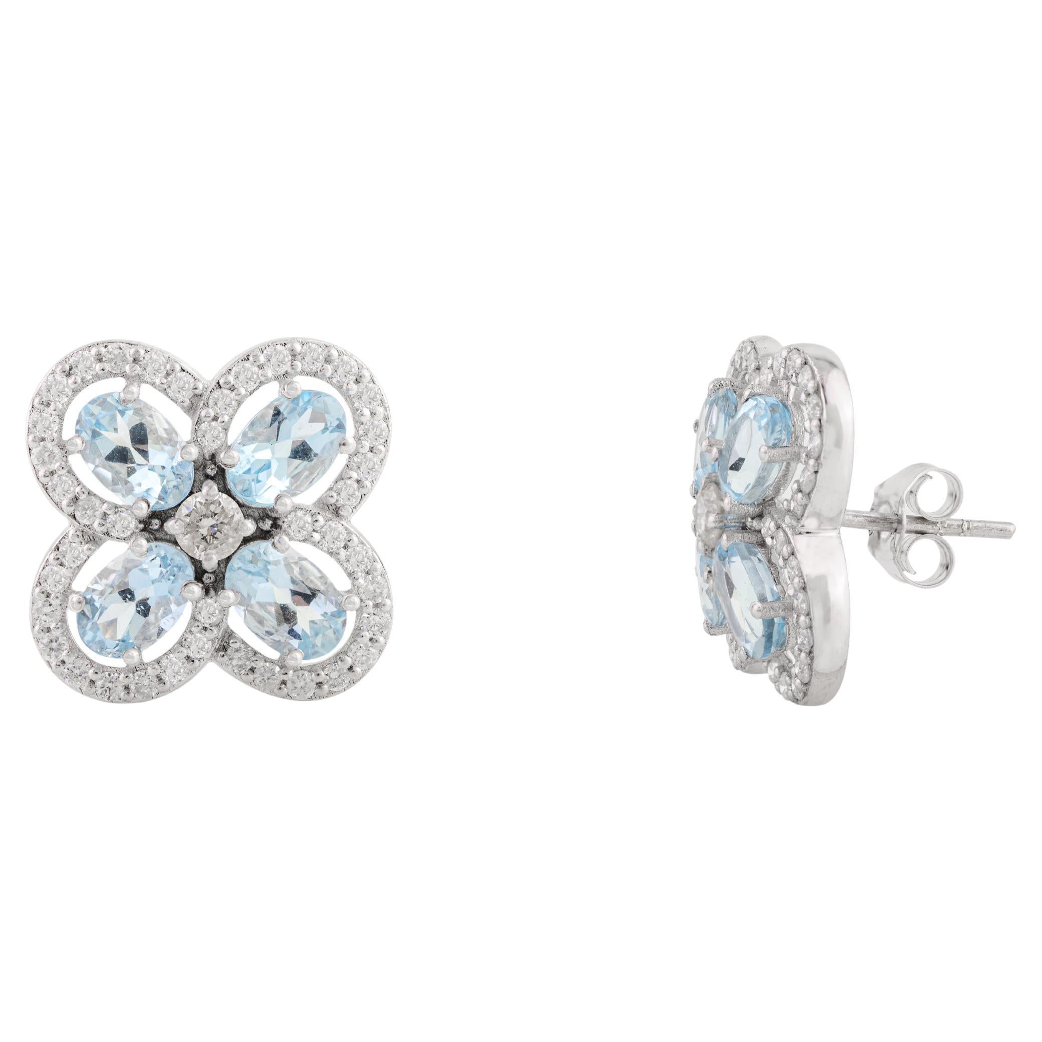 One of a Kind Aquamarine Diamond Floral Stud Wedding Earrings 14k White Gold