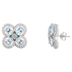 One of a Kind Aquamarine Diamond Floral Stud Wedding Earrings 14k White Gold
