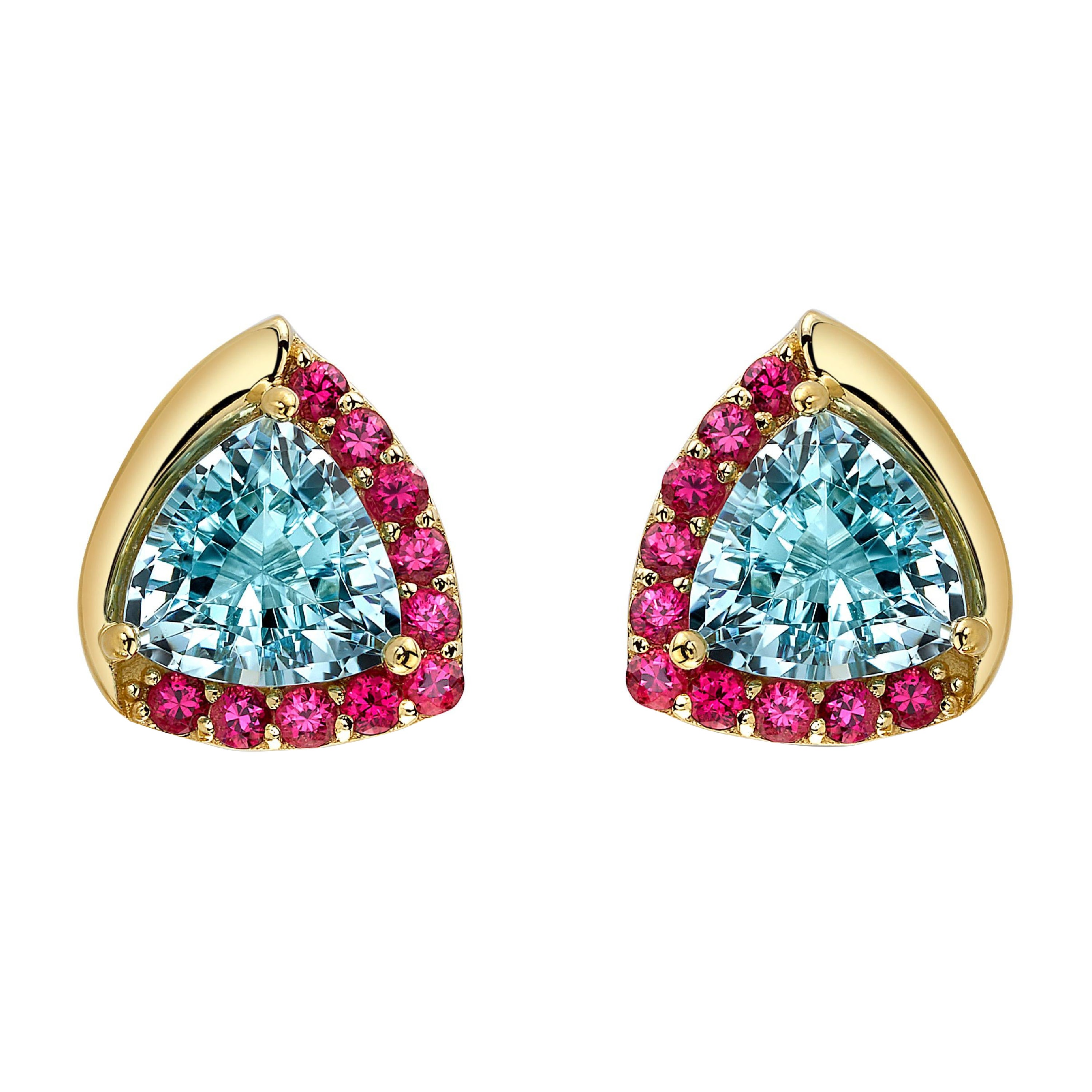 Boucles d
oreilles uniques en or jaune 18K aigue-marine et spinelle Jedi en vente