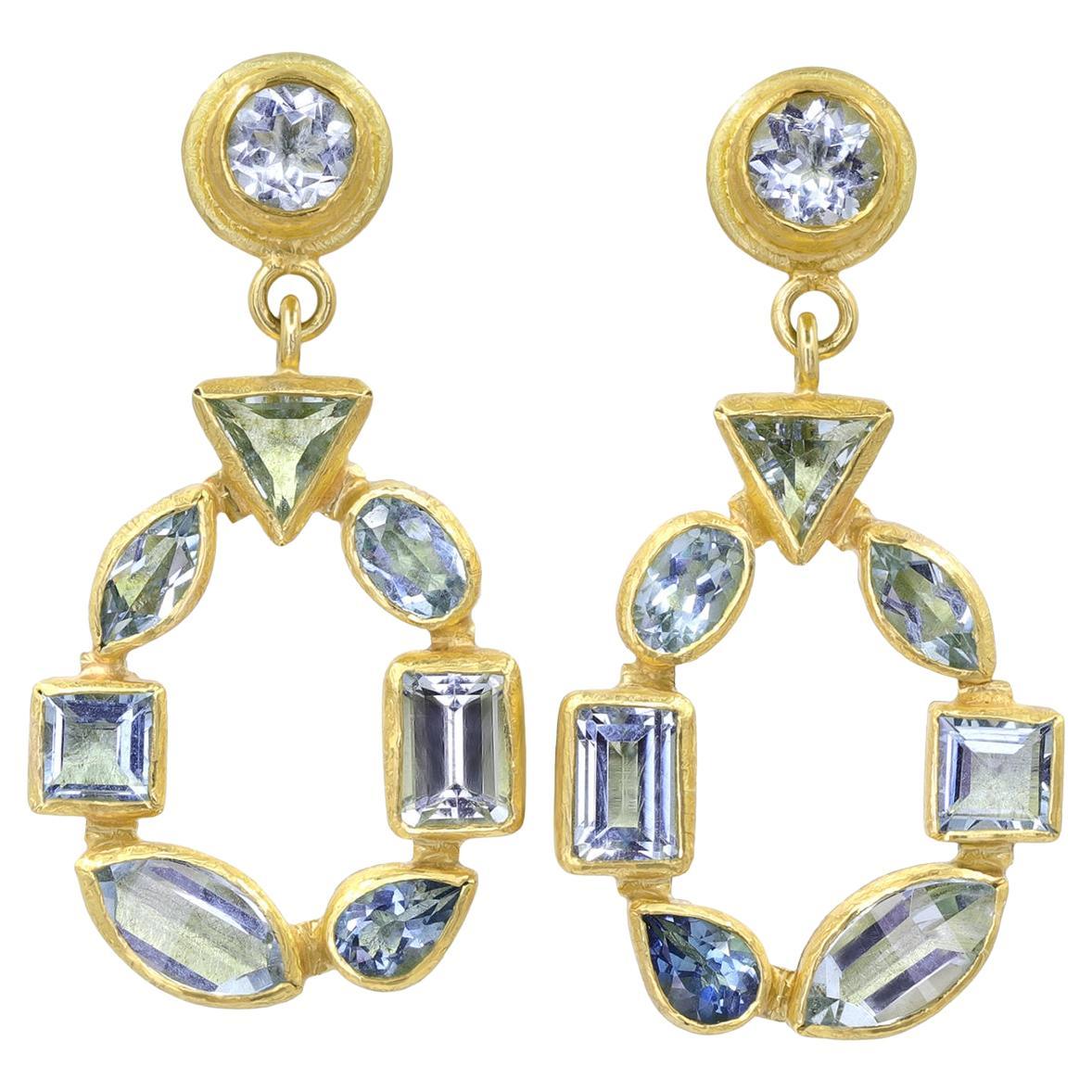 One of a Kind Aquamarine Mosaic 22k Gold Dangle Drop Earrings, Petra Class 2023