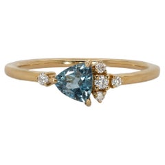 One-of-a-kind Aquamarine Ring w Natural Diamond Accents in Solid 14K Gold TR 5mm
