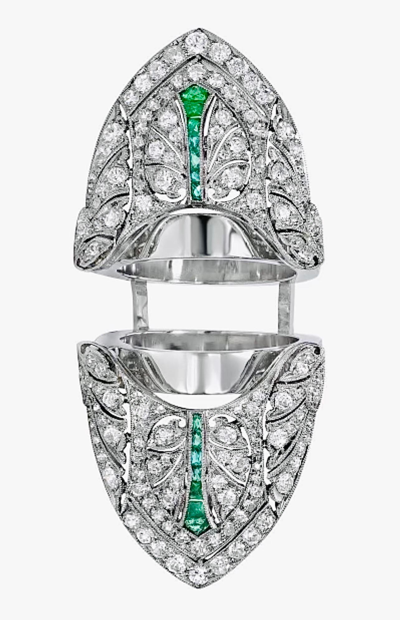 Women's or Men's GIA Art Deco Diamond and Emerald  Brooch Ring