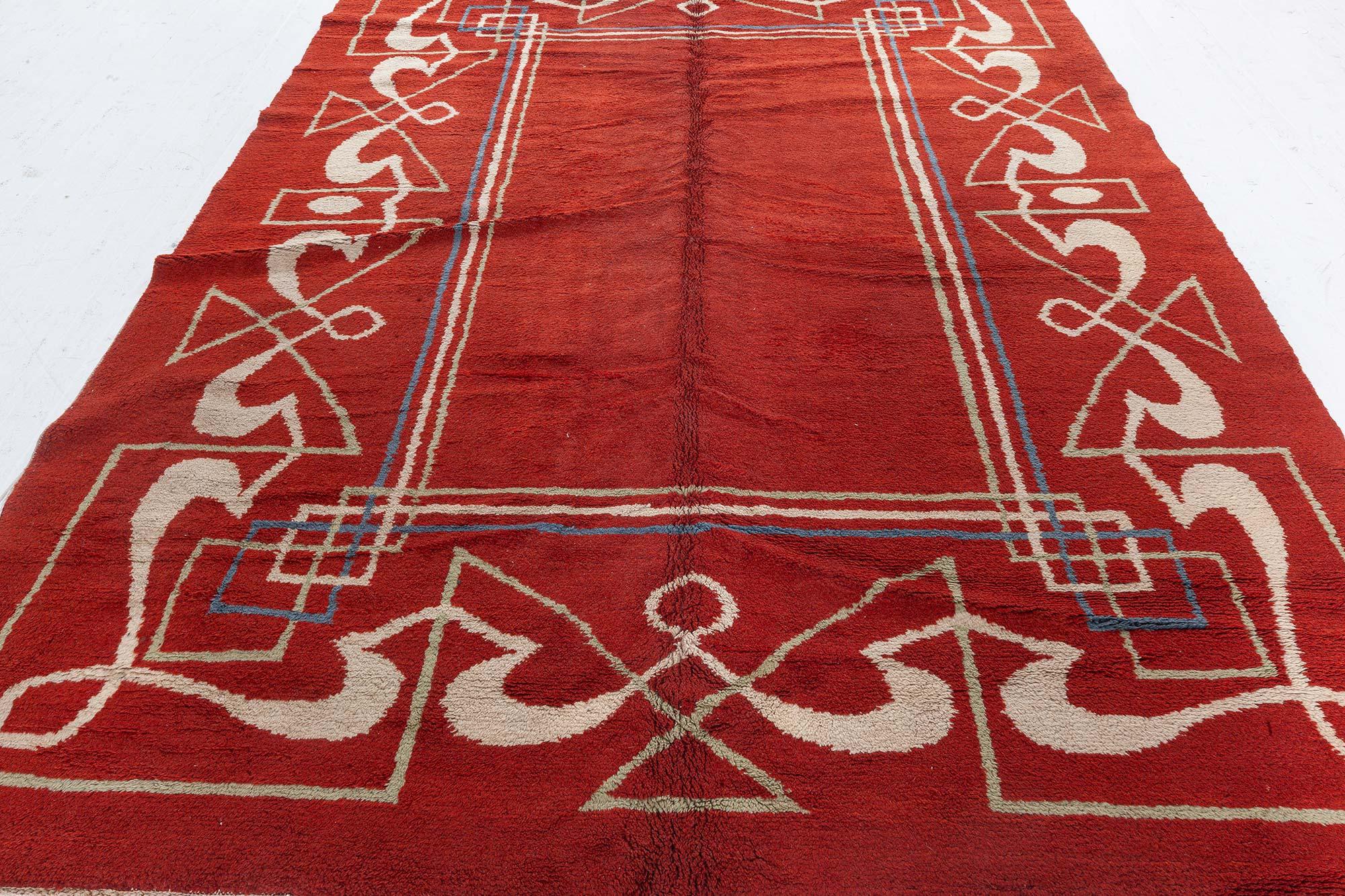 One-of-a-kind Art Deco Red, Brown Handmade Wool Rug
Size: 8'0