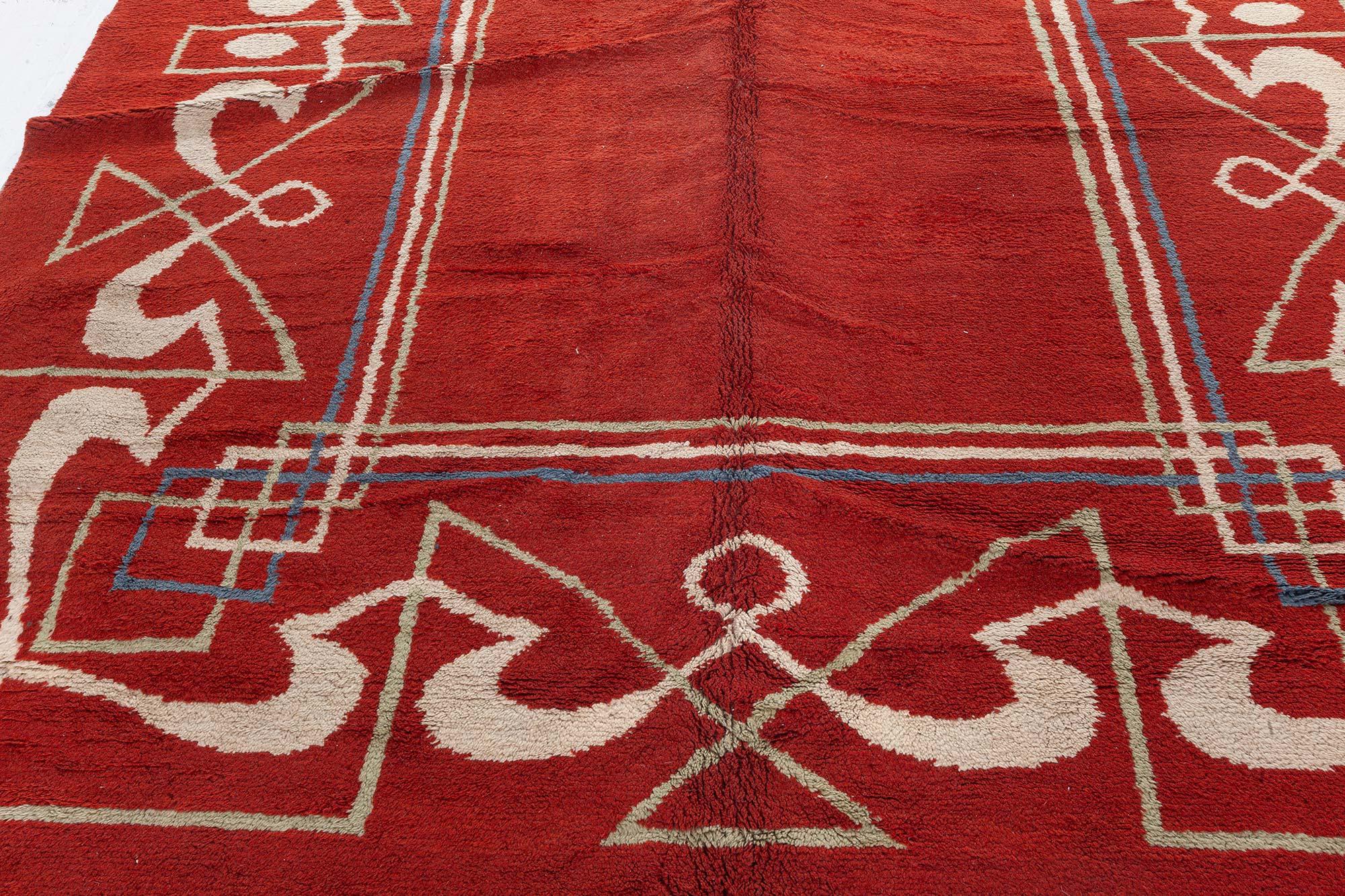 French One-of-a-kind Art Deco Red, Brown Handmade Wool Rug For Sale