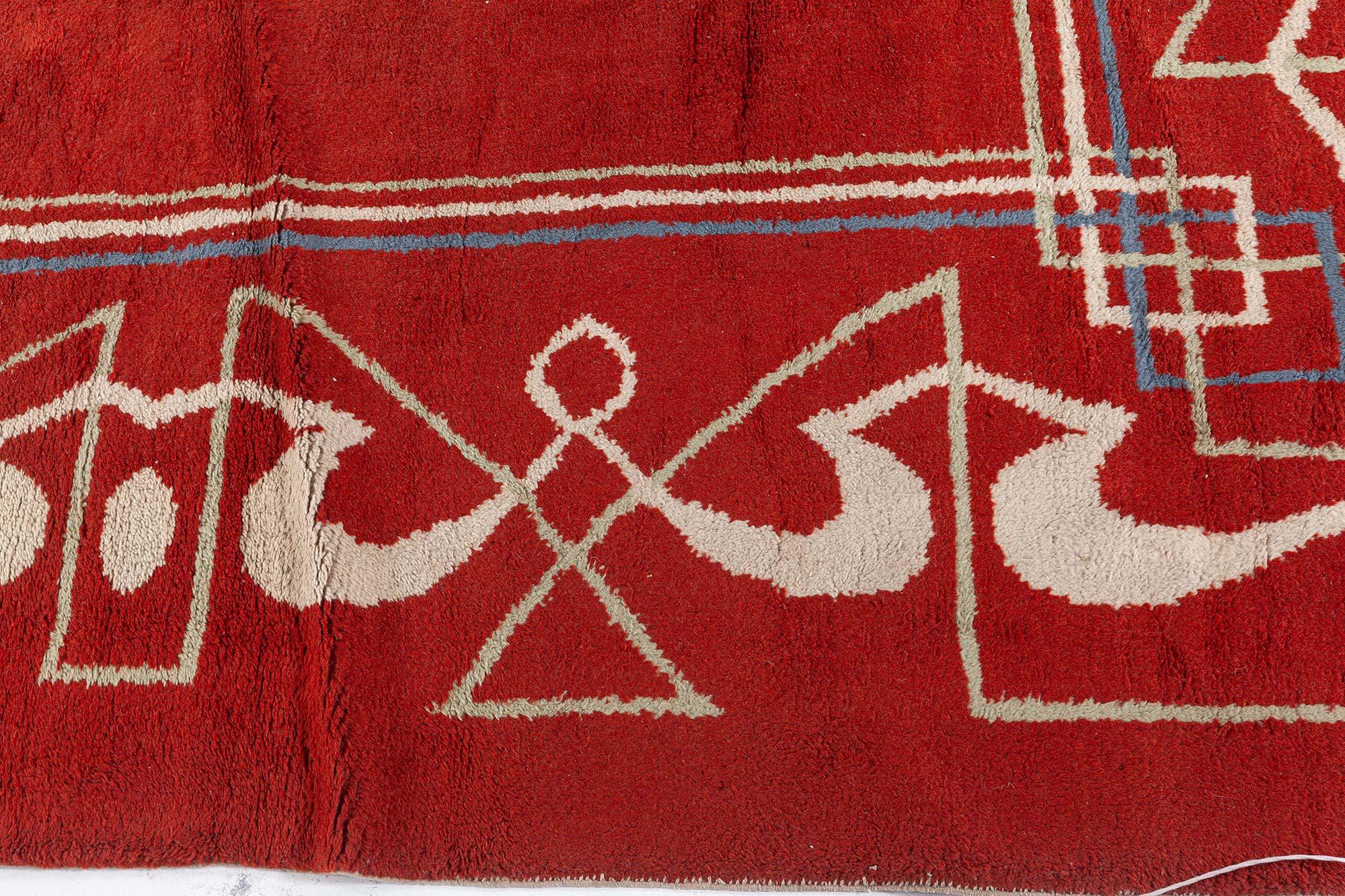 One-of-a-kind Art Deco Red, Brown Handmade Wool Rug In Good Condition For Sale In New York, NY