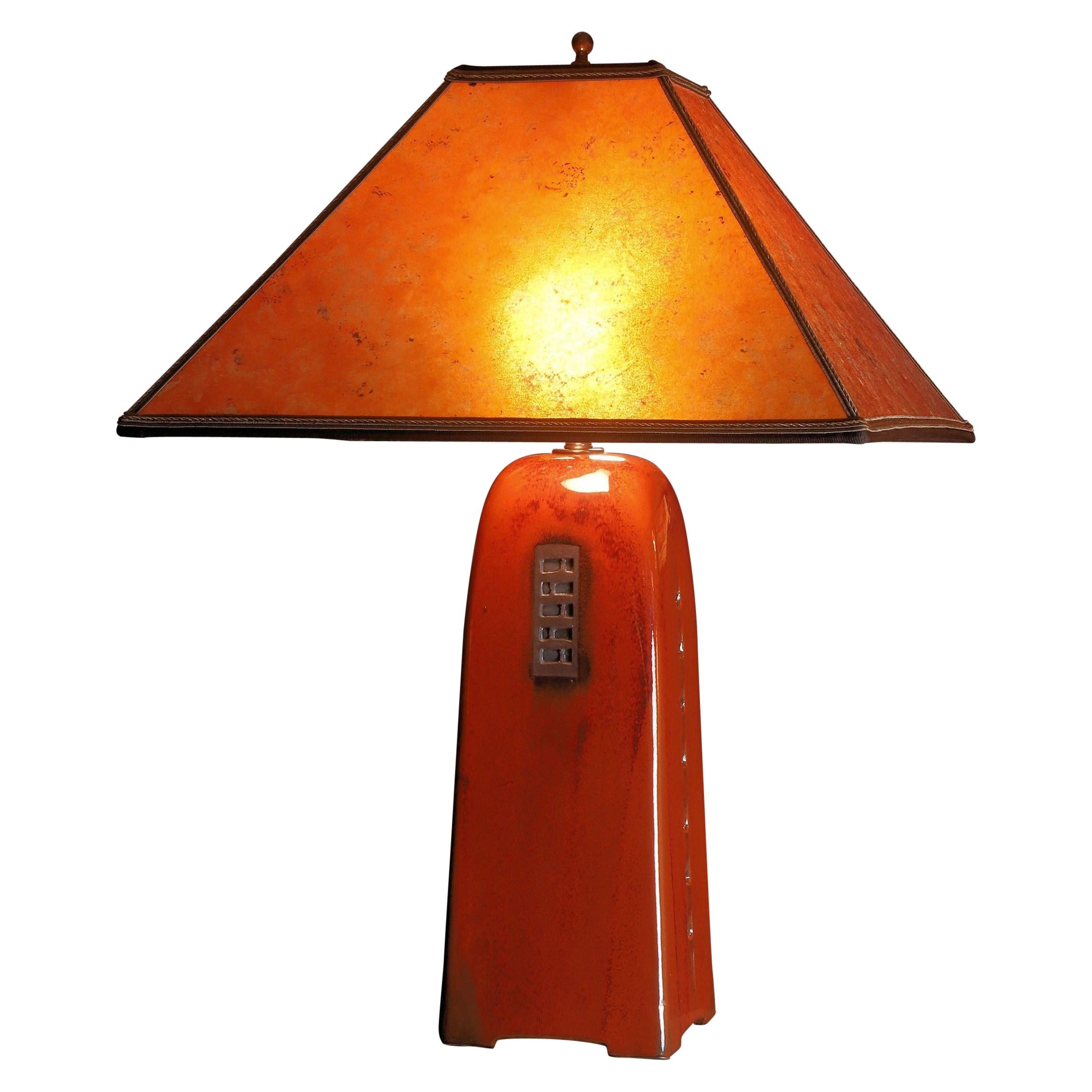 One of a Kind Artisan Made Russet Ceramic Table Lamp with Mica Shade For Sale