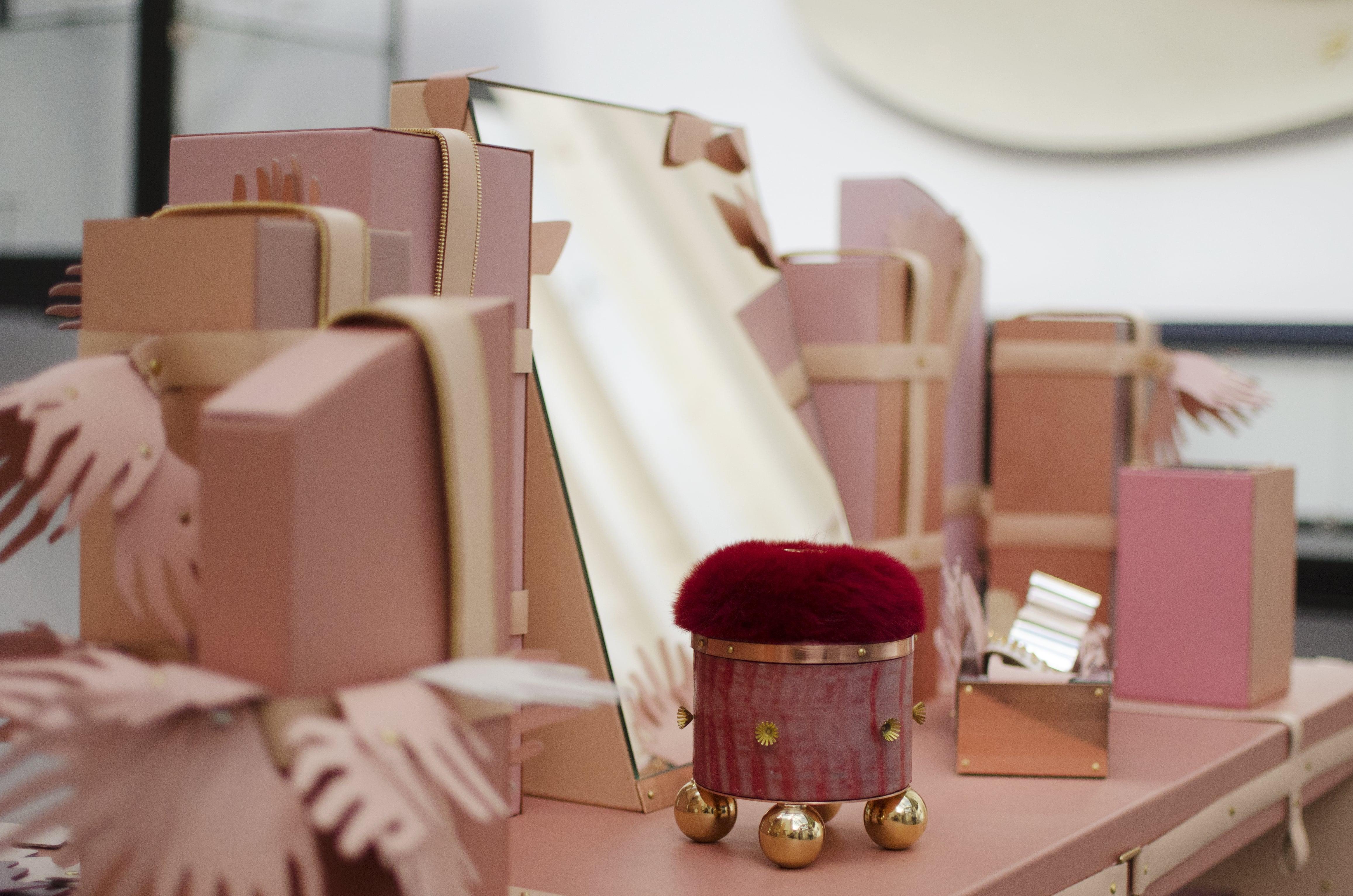 One of a kind Artist Rose Pink Leather Vanity and Mirror, France For Sale 13
