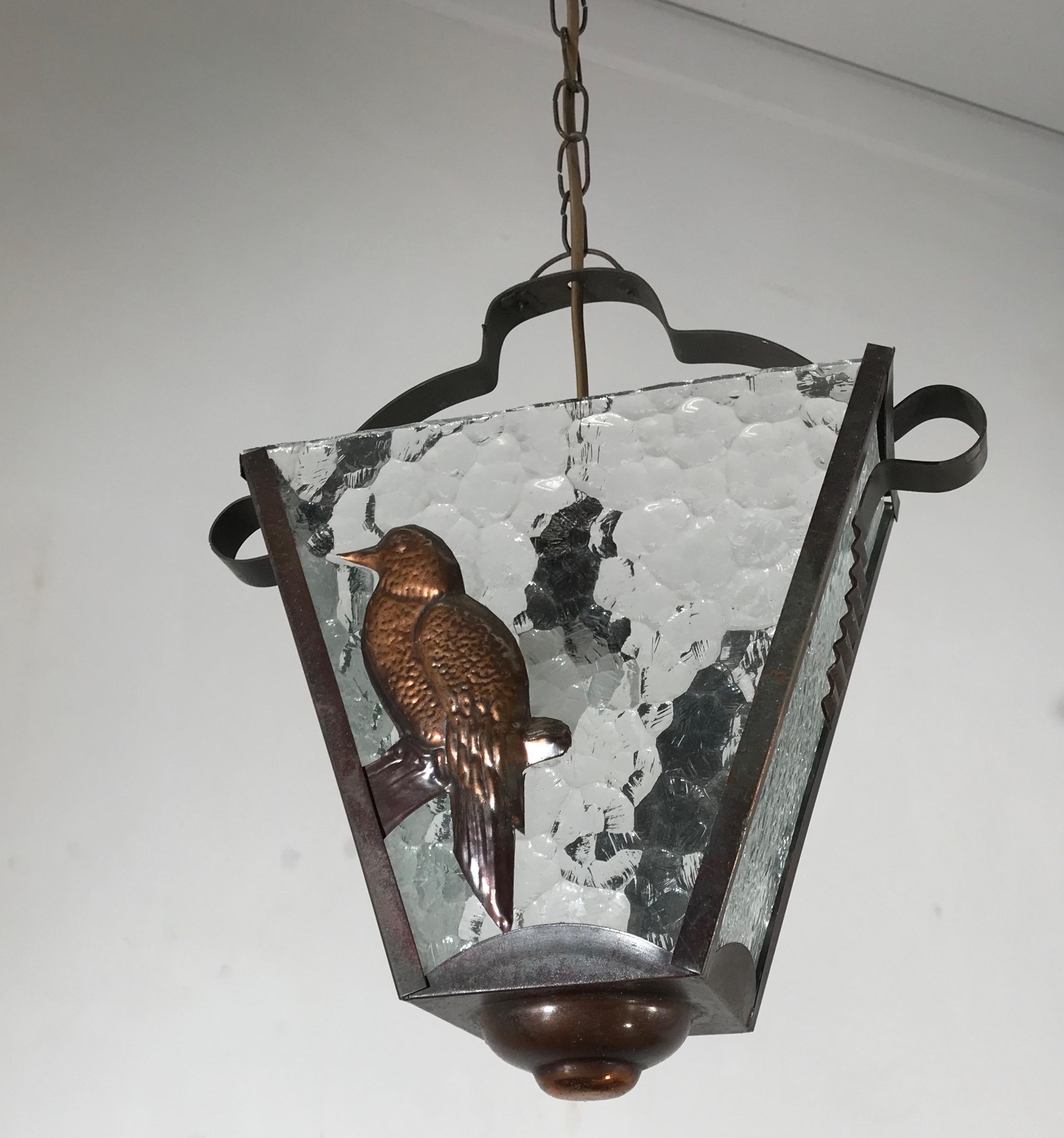 One of a Kind, Arts & Crafts 1920s Brass and Glass Pendant with Bird Sculptures 6