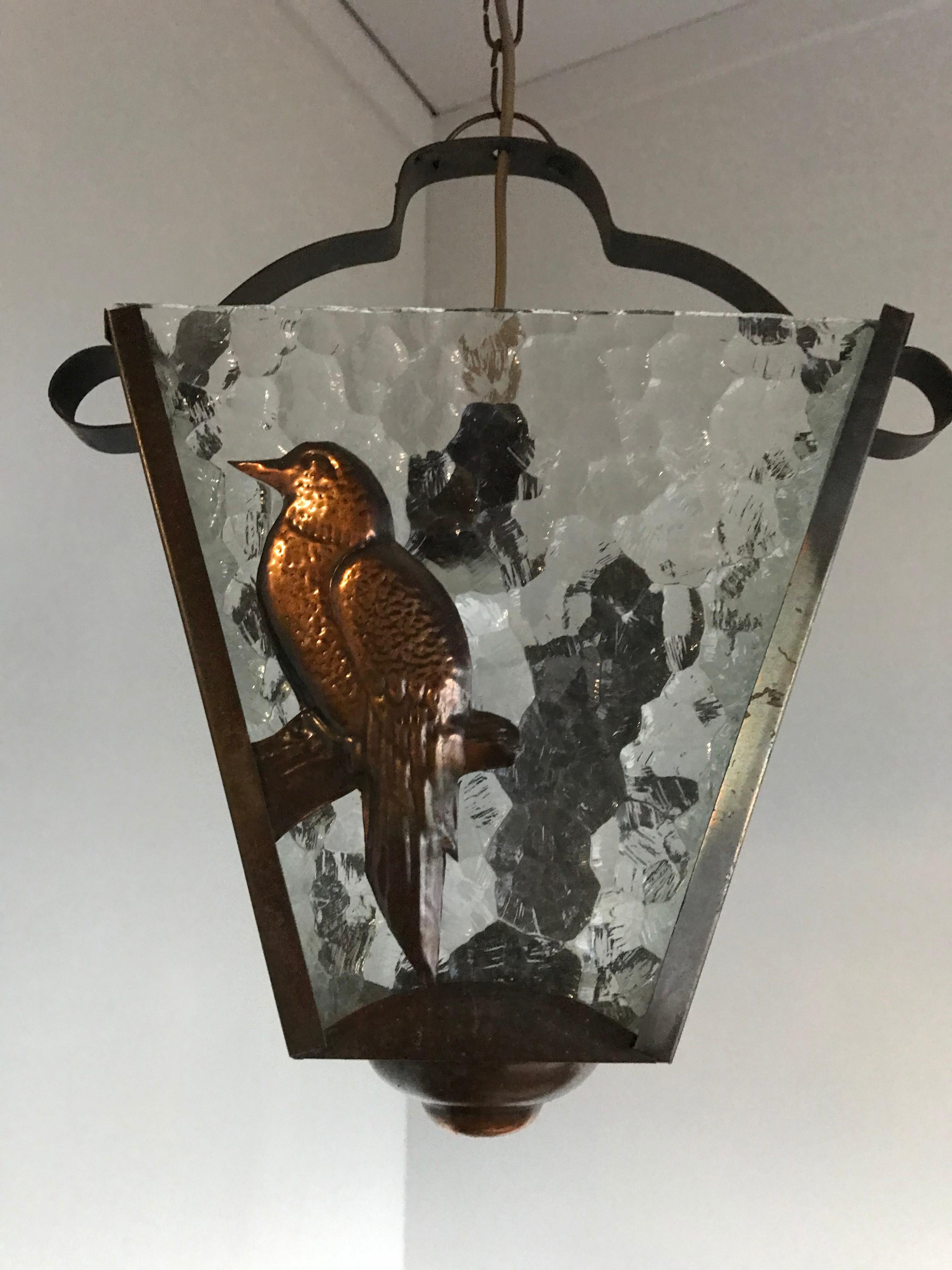 One of a Kind, Arts & Crafts 1920s Brass and Glass Pendant with Bird Sculptures 7