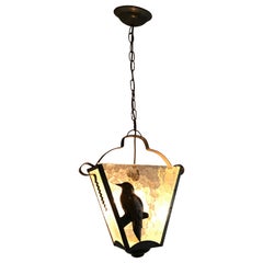 One of a Kind, Arts & Crafts 1920s Brass and Glass Pendant with Bird Sculptures