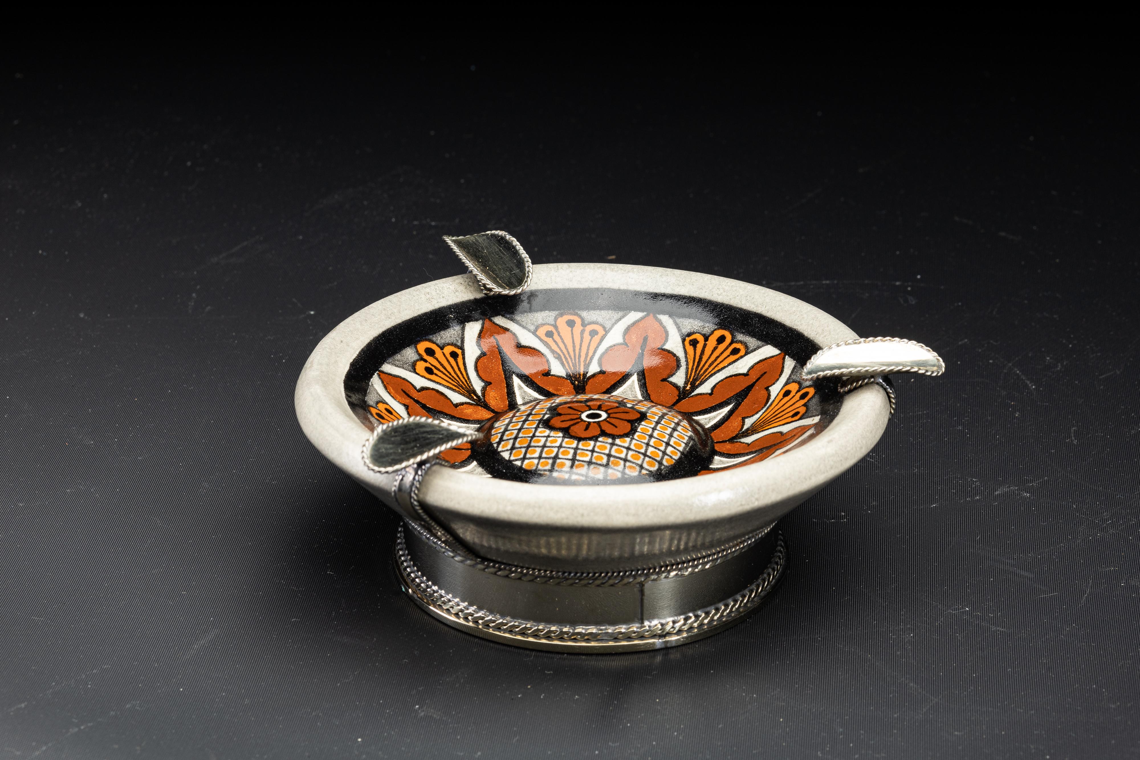 Regency One of a Kind Ashtray, Ceramic and White Metal 'Alpaca' For Sale