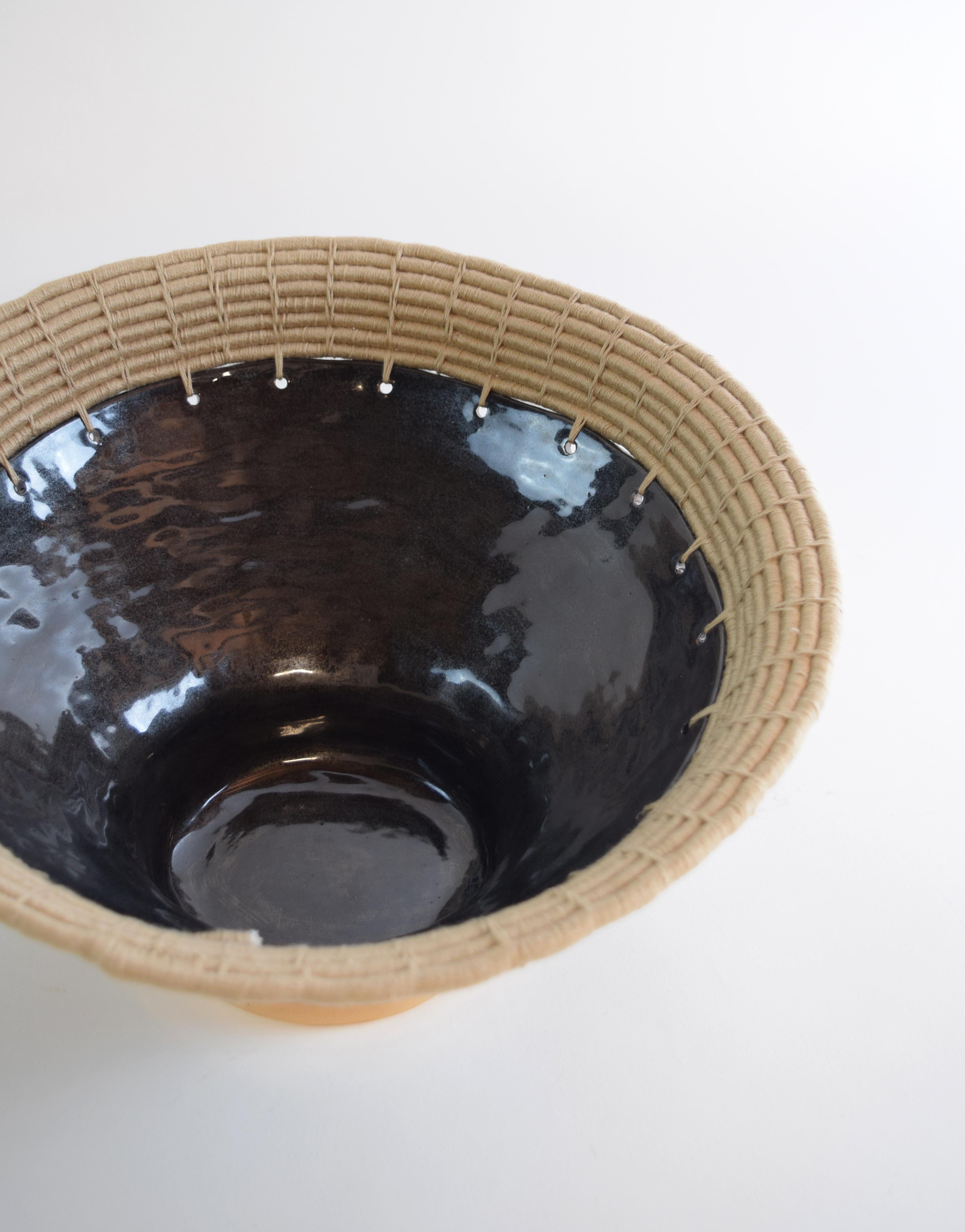 Organic Modern One of a Kind Asymmetrical Ceramic Bowl #778, Black Glaze & Tan Woven Cotton