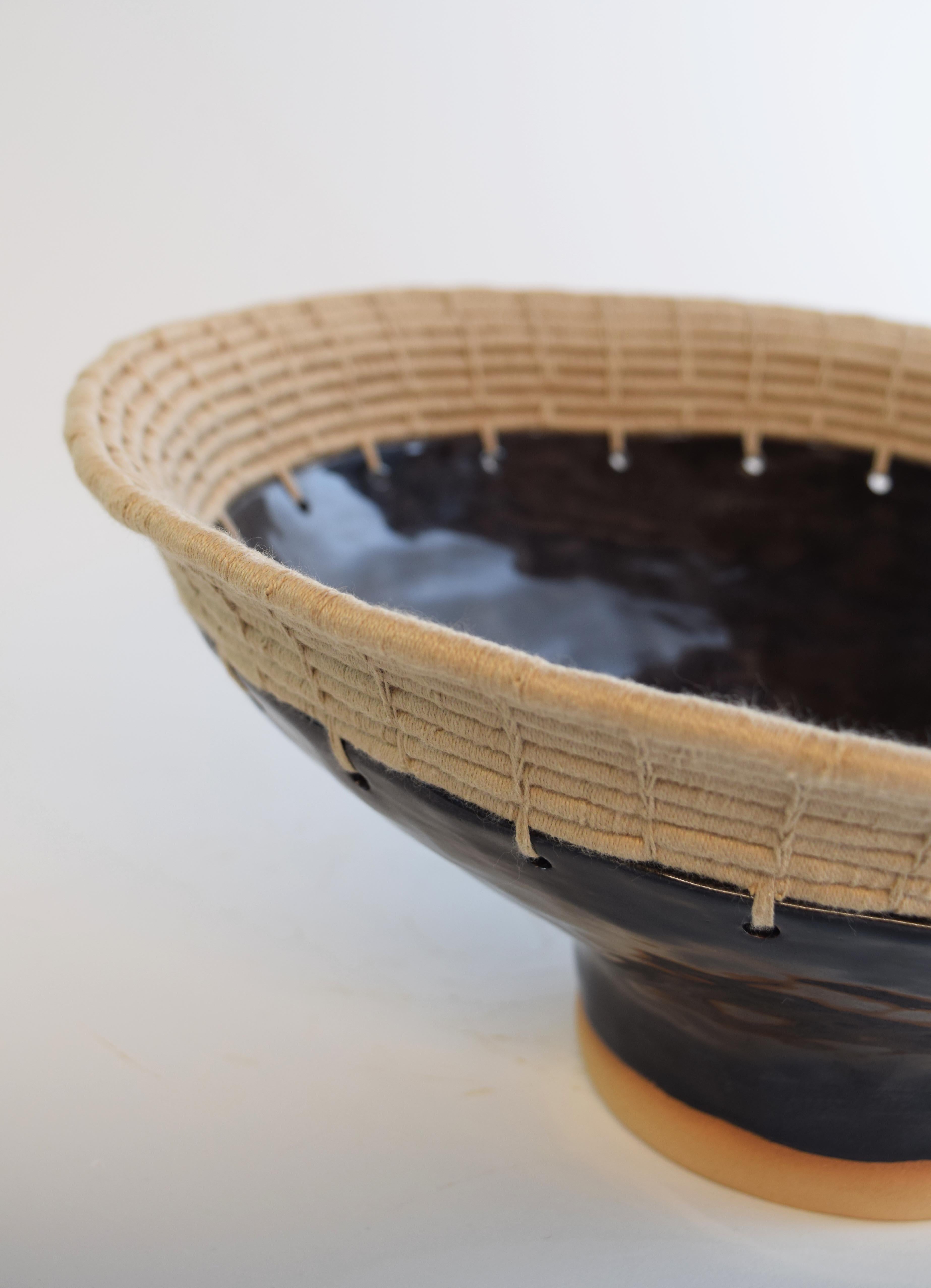 American One of a Kind Asymmetrical Ceramic Bowl #778, Black Glaze & Tan Woven Cotton