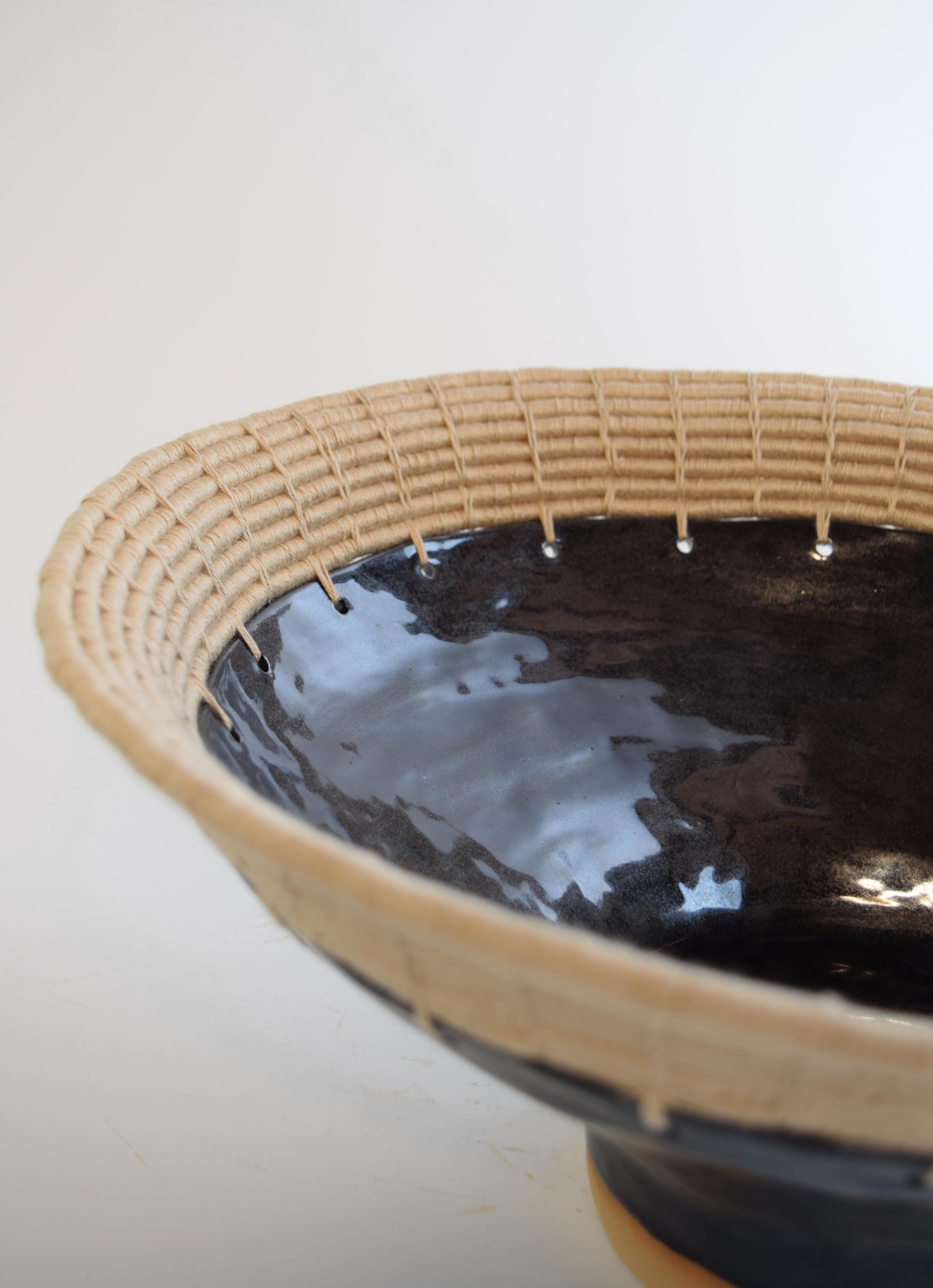 Hand-Crafted One of a Kind Asymmetrical Ceramic Bowl #778, Black Glaze & Tan Woven Cotton