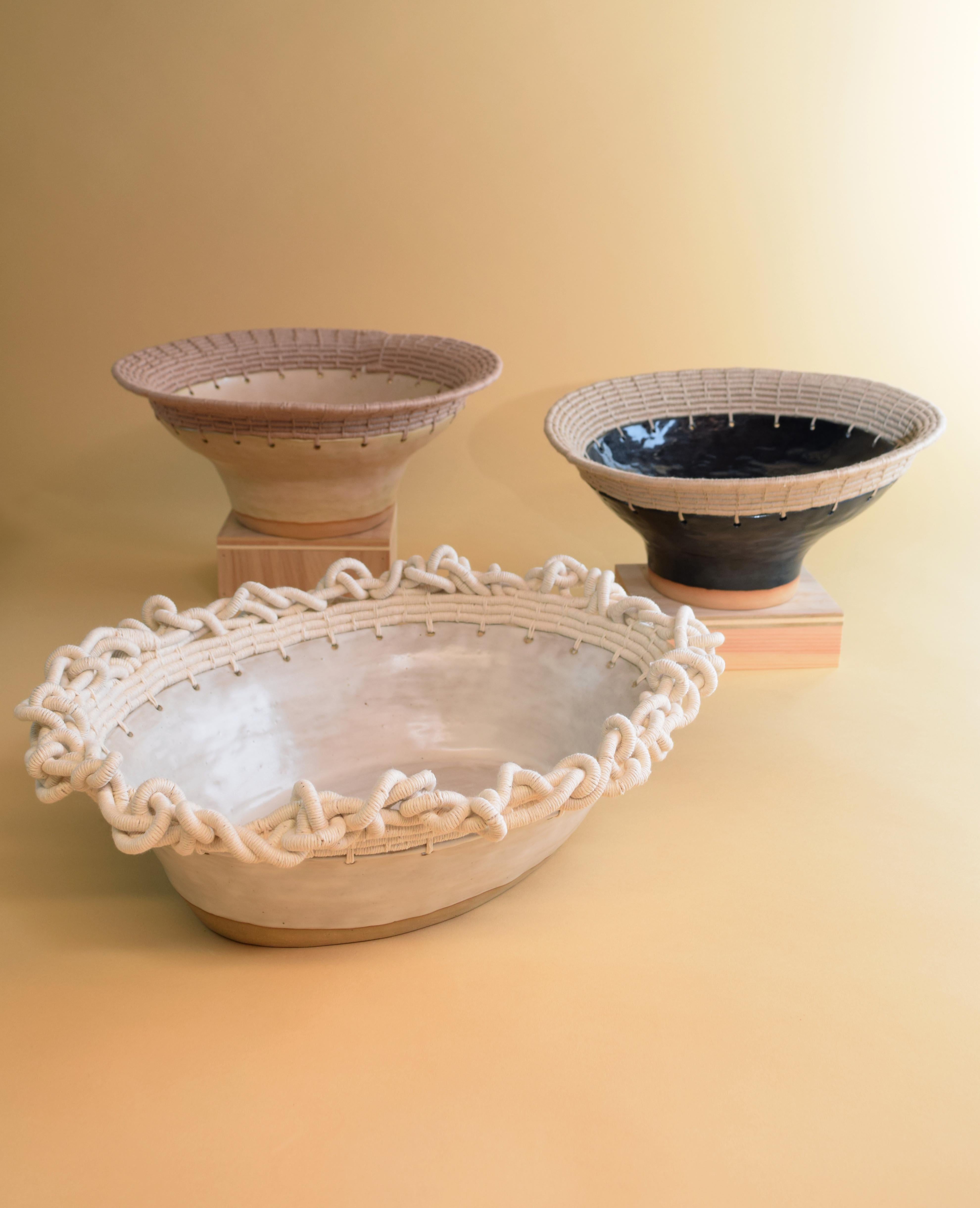 One of a Kind Asymmetrical Ceramic Bowl #778, Black Glaze & Tan Woven Cotton In New Condition In Proctorsville, VT