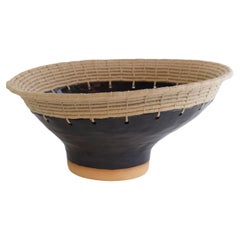 One of a Kind Asymmetrical Ceramic Bowl #778, Black Glaze & Tan Woven Cotton