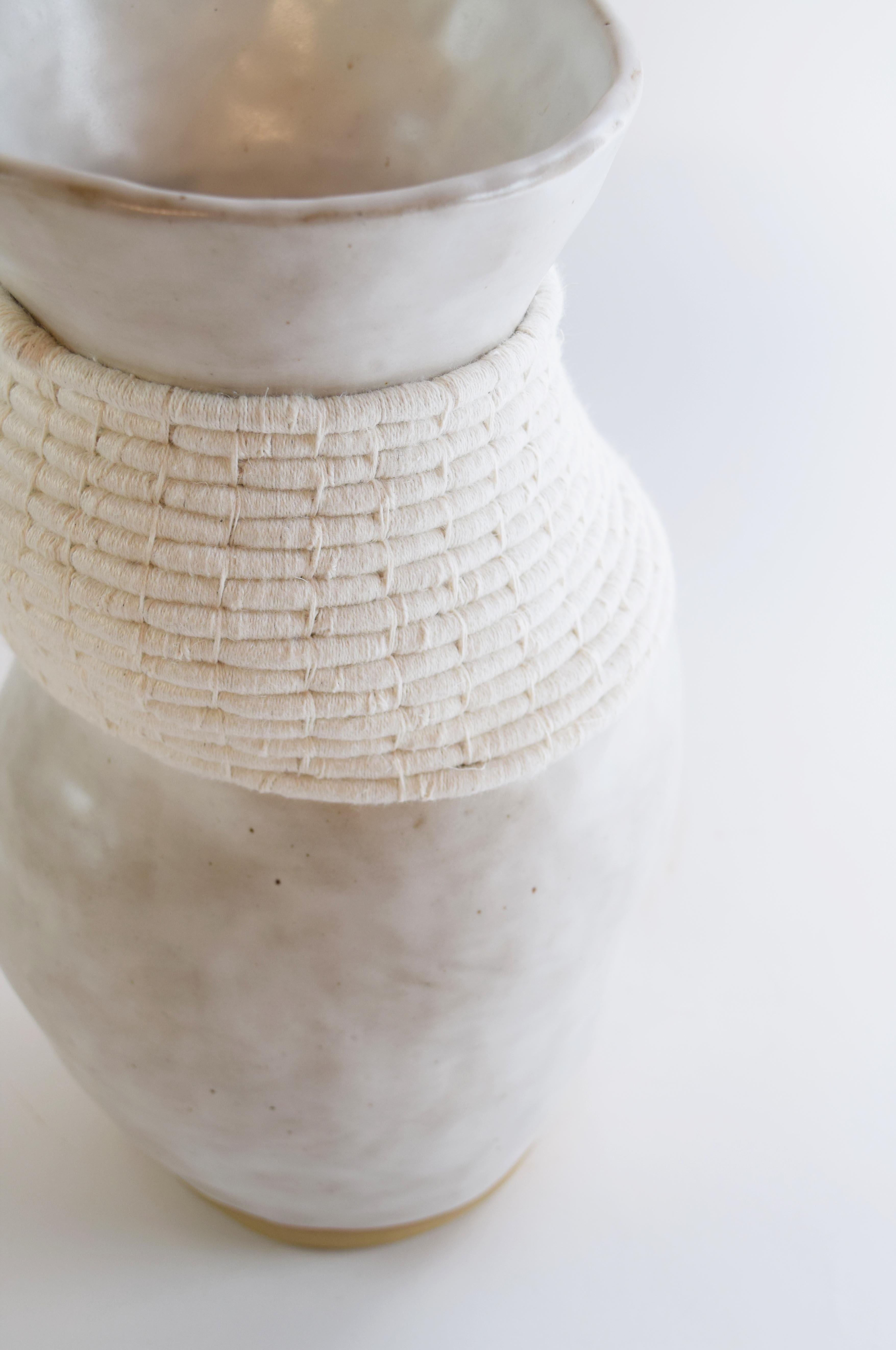 Organic Modern One of a Kind Asymmetrical Ceramic Vase #775, White Glaze, Woven White Cotton
