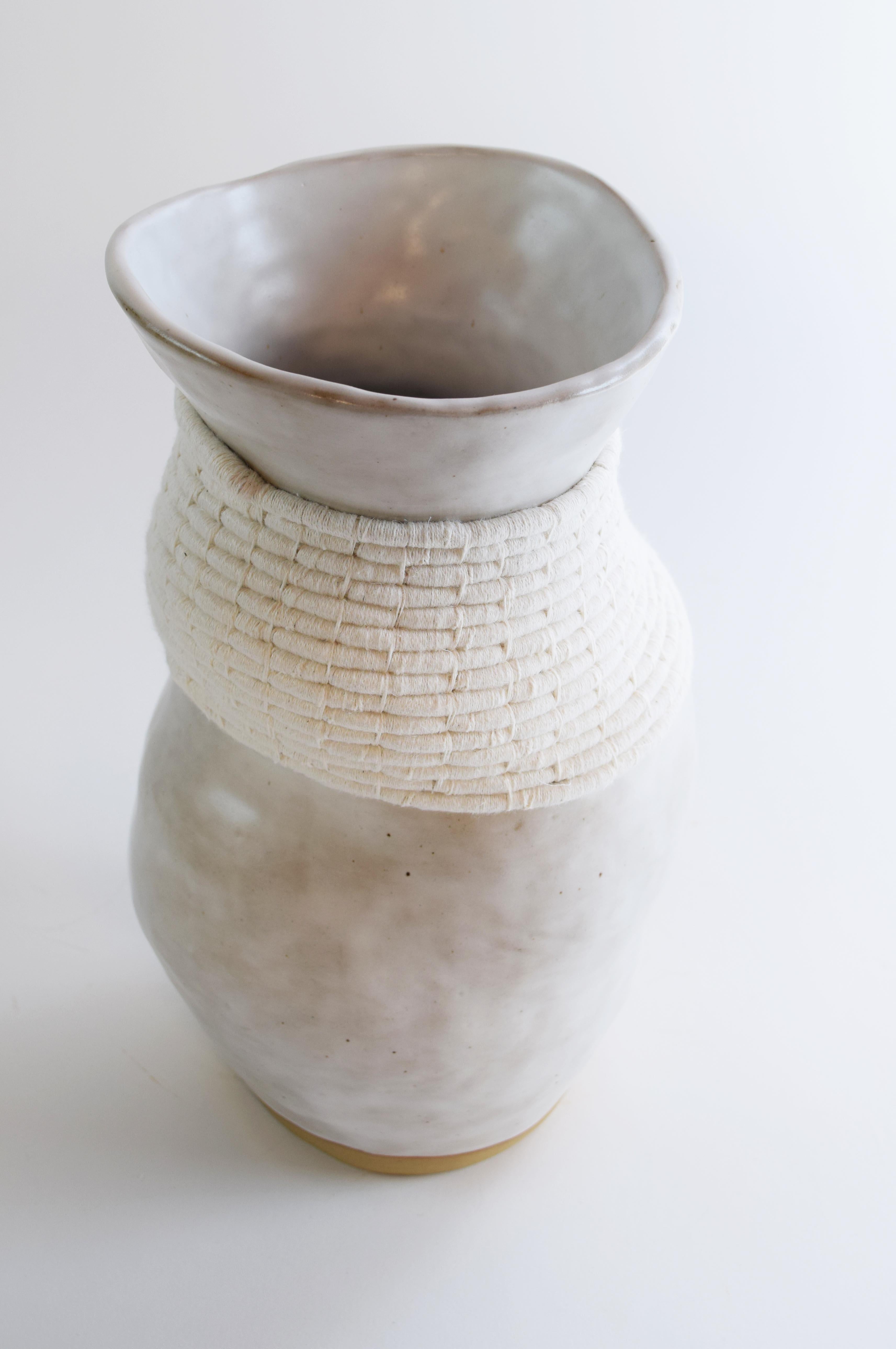 American One of a Kind Asymmetrical Ceramic Vase #775, White Glaze, Woven White Cotton