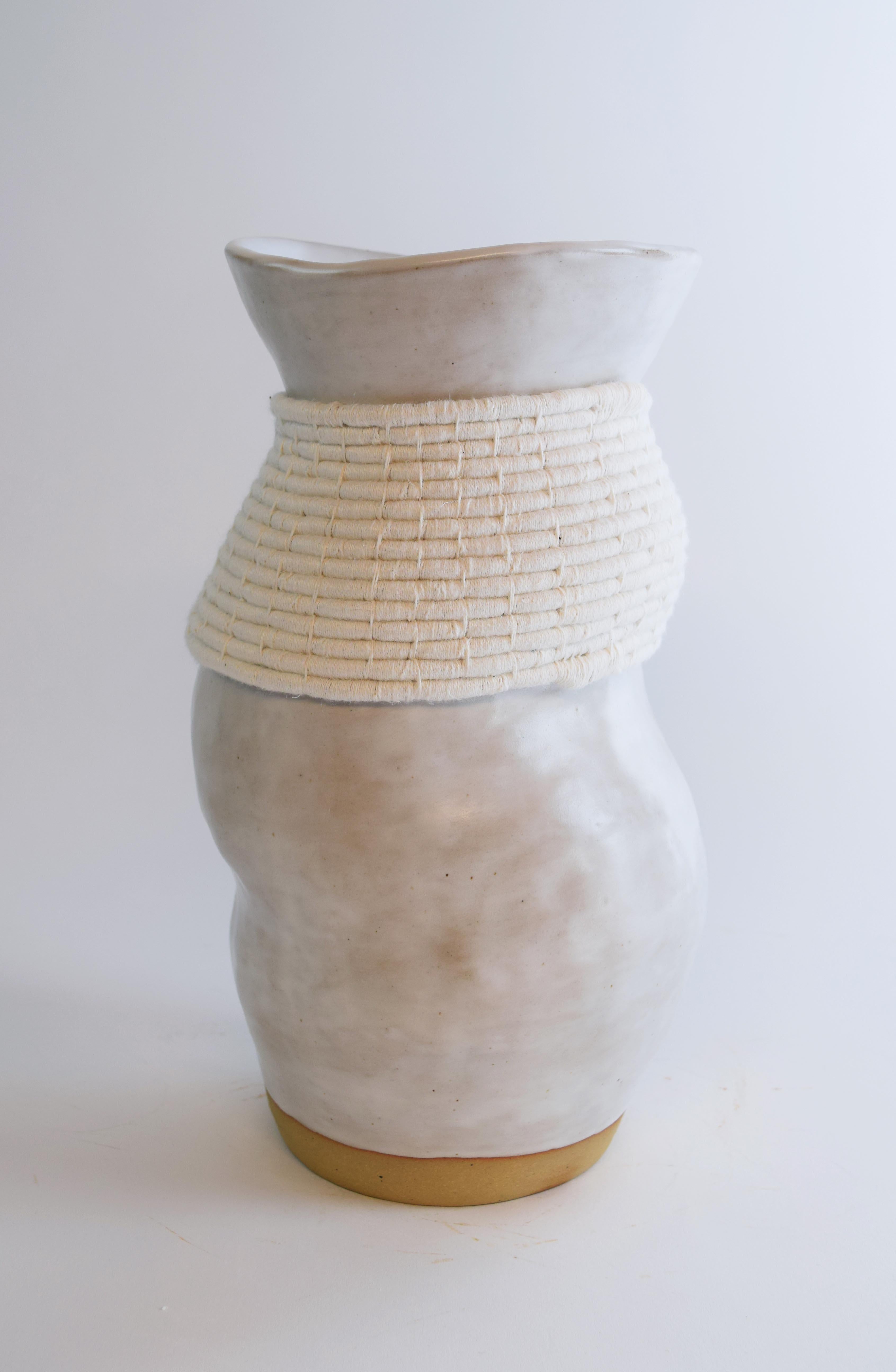 Hand-Crafted One of a Kind Asymmetrical Ceramic Vase #775, White Glaze, Woven White Cotton