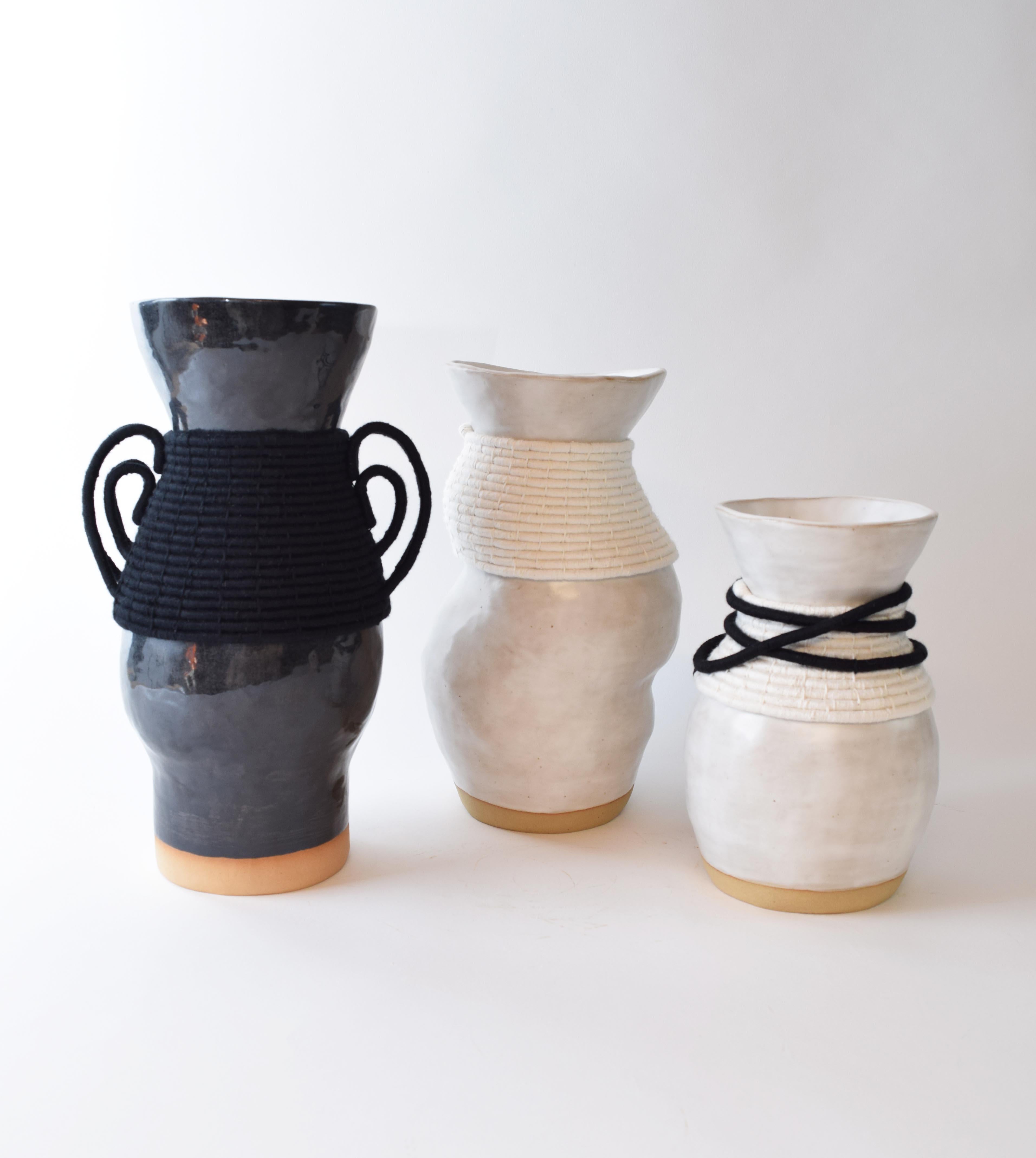 One of a Kind Asymmetrical Ceramic Vase #775, White Glaze, Woven White Cotton In New Condition In Proctorsville, VT