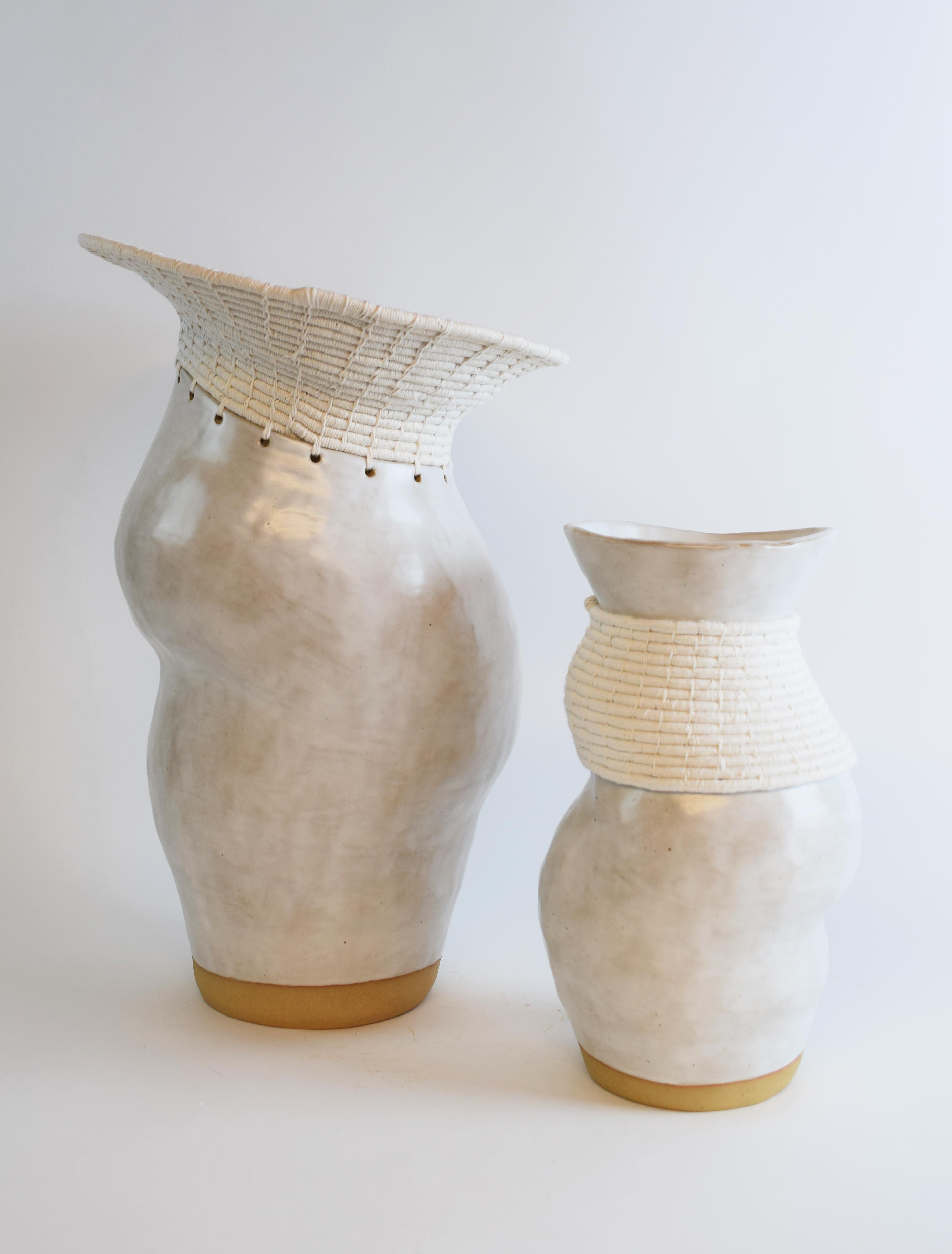 Contemporary One of a Kind Asymmetrical Ceramic Vase #775, White Glaze, Woven White Cotton