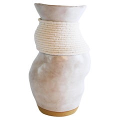 One of a Kind Asymmetrical Ceramic Vase #775, White Glaze, Woven White Cotton