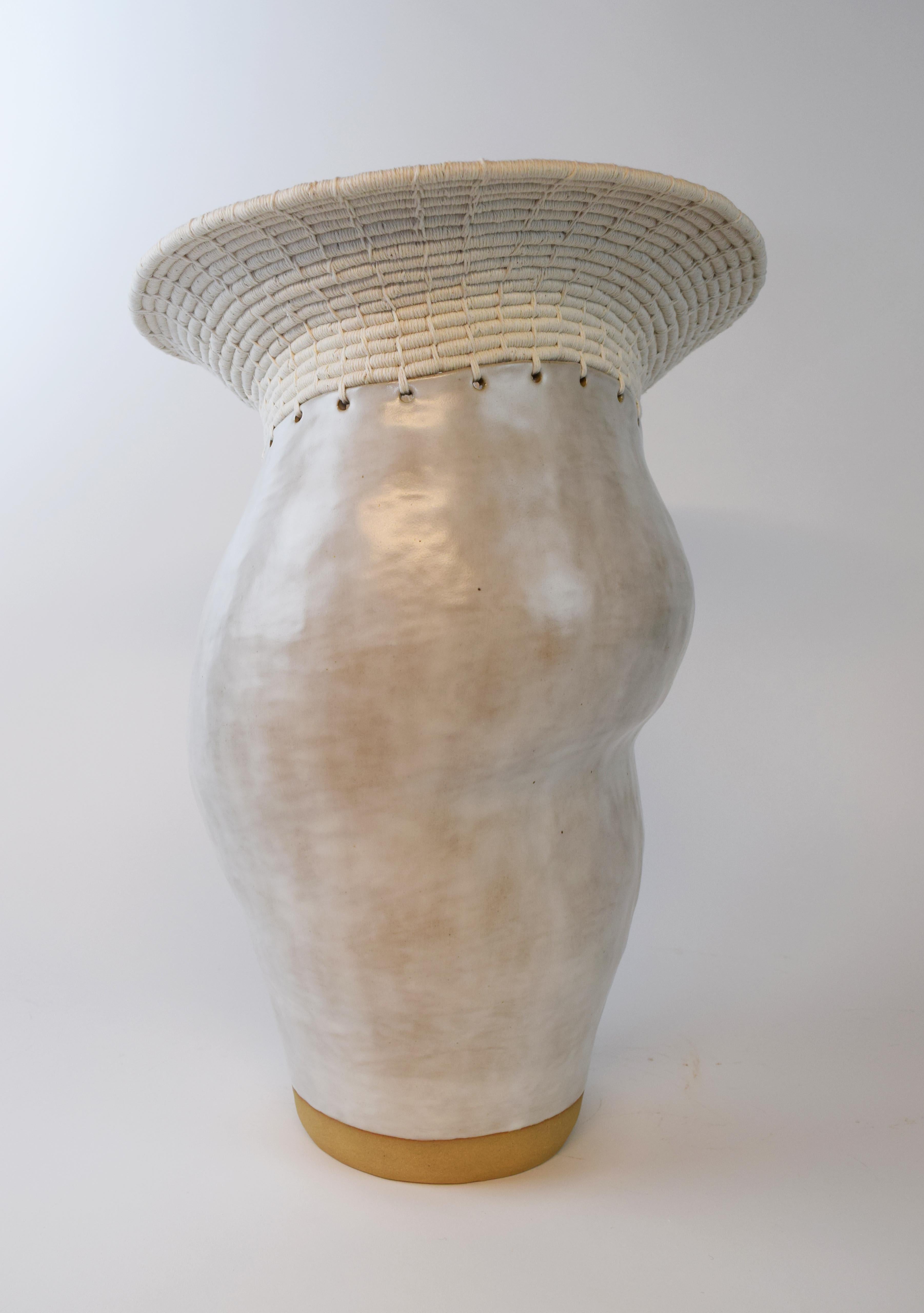 Organic Modern One of a Kind Asymmetrical Ceramic Vessel #771, White Glaze and Woven Cotton For Sale