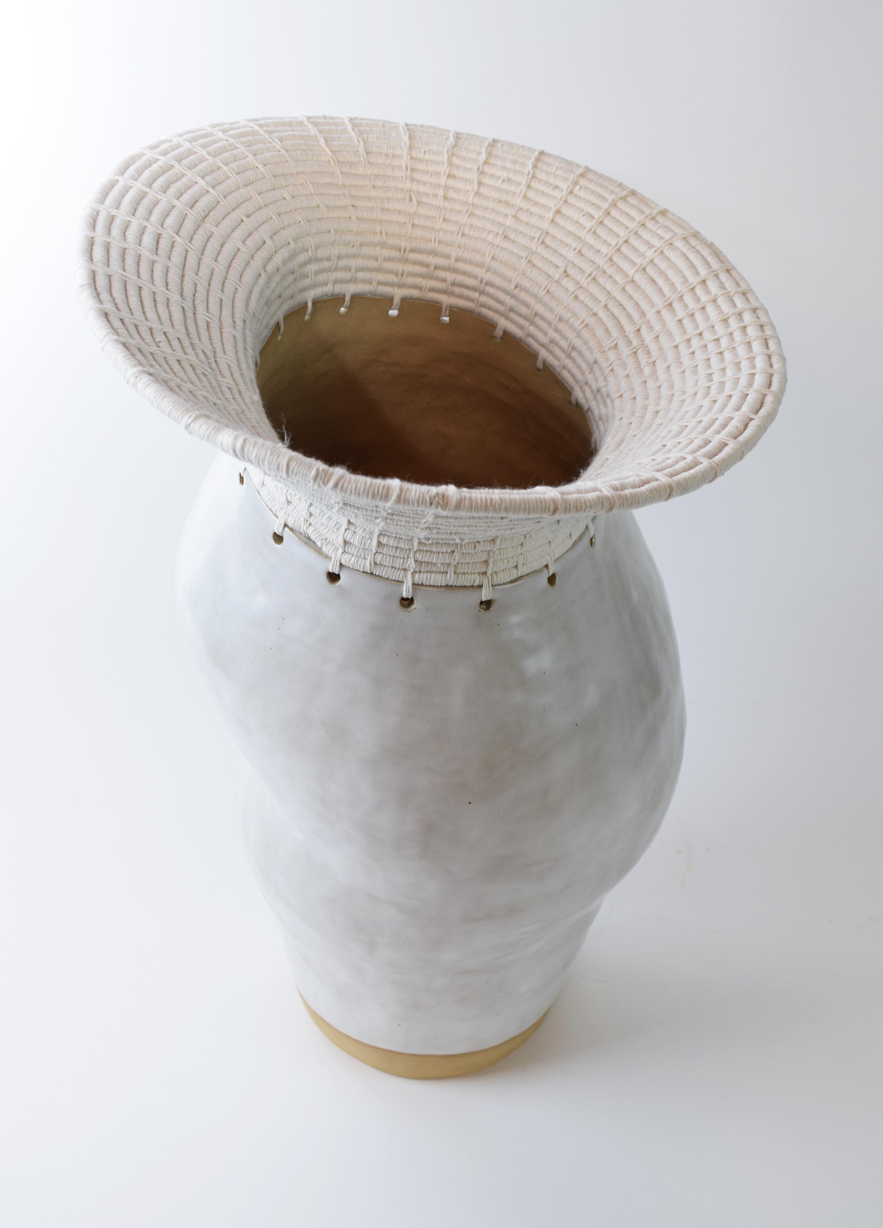 American One of a Kind Asymmetrical Ceramic Vessel #771, White Glaze and Woven Cotton For Sale